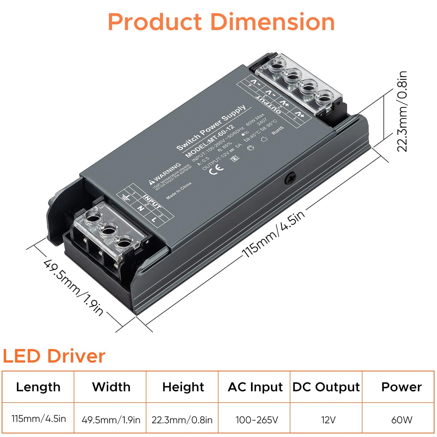 Karyoosi 12V 60W LED Driver, LED Power Supply 5A, Transformer AC 120V to DC 12V for Home Lighting, LED Lamps