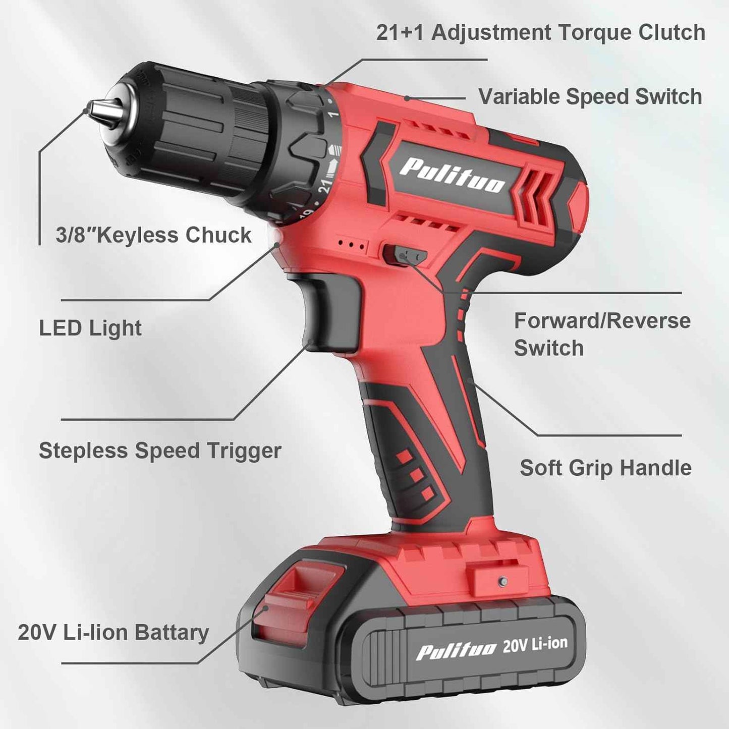 PULITUO'S 20V Cordless Drill/Driver, Electric Screwdriver - 2 Batteries, 30Nm, 21+1 Torque, 2 Speed, Keyless 3/8" Chase Drill with LED Light, Kit for Home (Green)