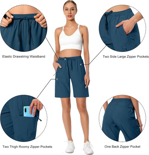 Hugut Women's Quick-Dry Hiking Cargo Shorts - Lightweight Athletic Shorts with Zipper Pockets | Water-Resistant