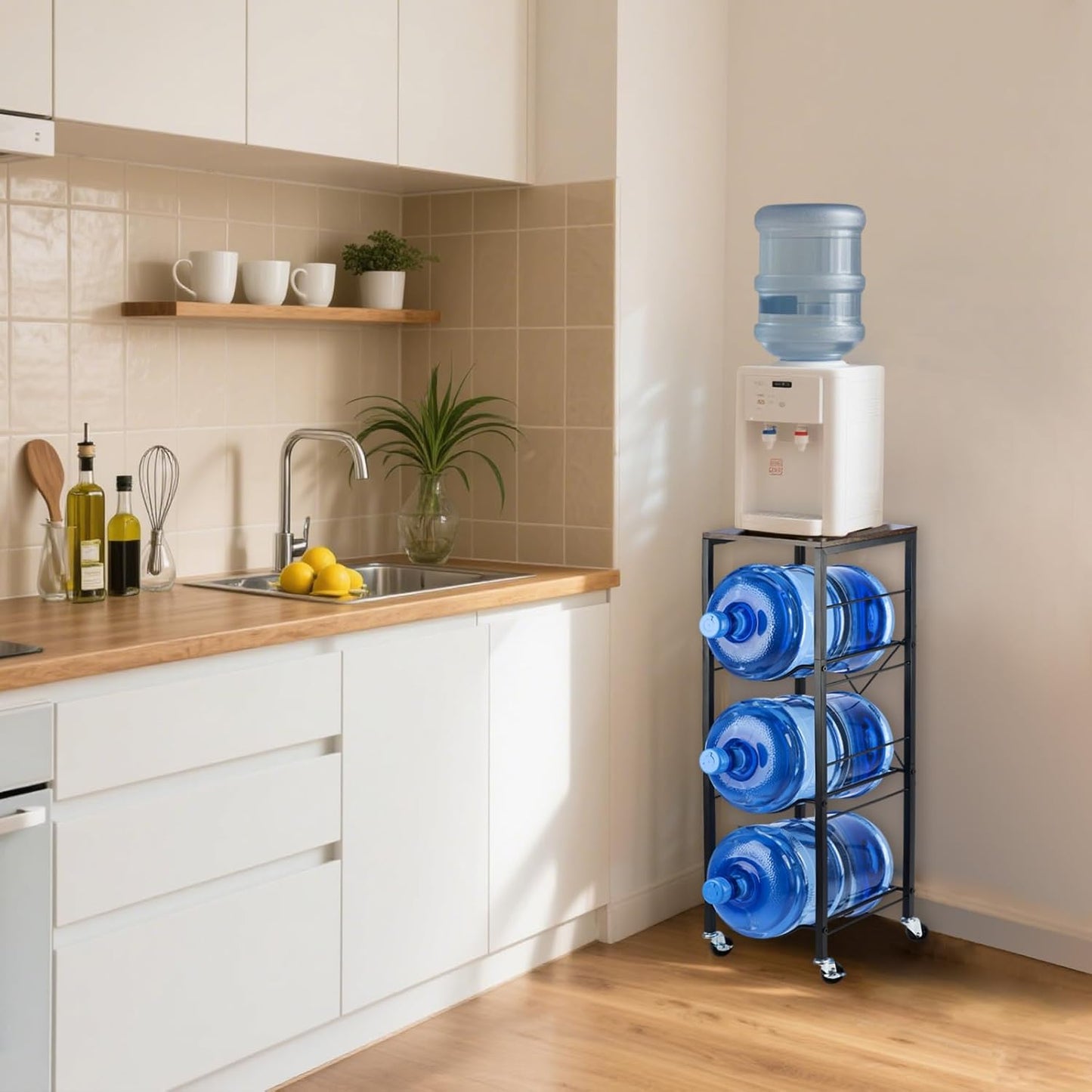 5 Gallon Water Jug Holder with Wheels - 3-Tier X-Shape Rack for Kitchen & Office Storage