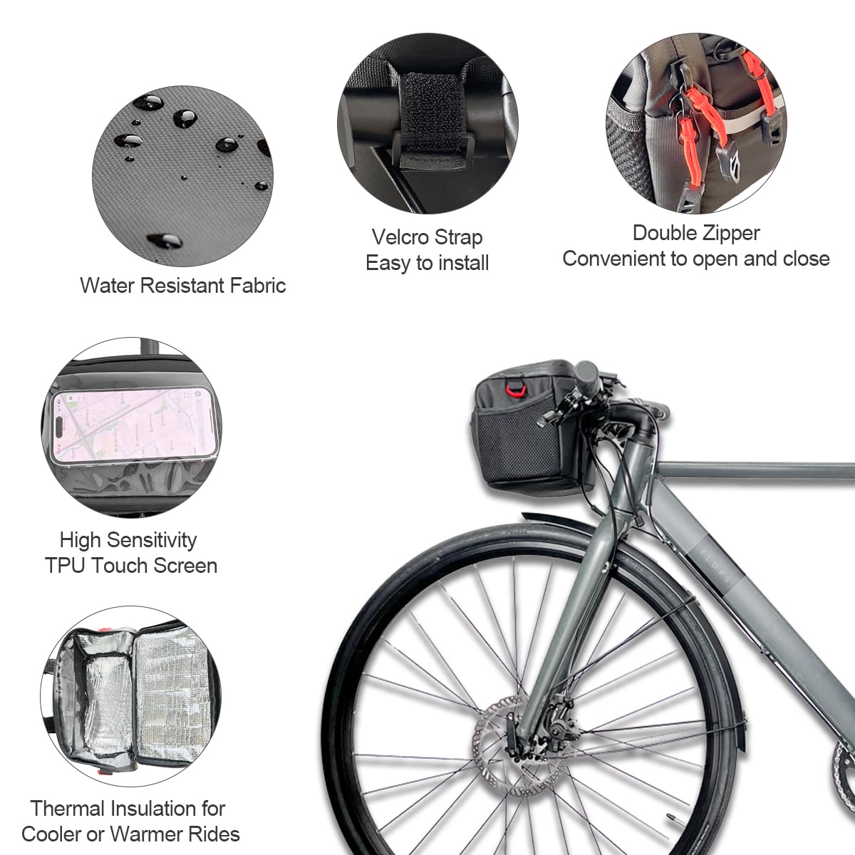 Danuosie Bike Handlebar Bag, Insulated Cooler Front Frame Bag with Touch Screen Phone Holder, 4L Water Resistant Bicycle Basket Storage Pouch, Convertible Shoulder Pack for Ebike MTB Road