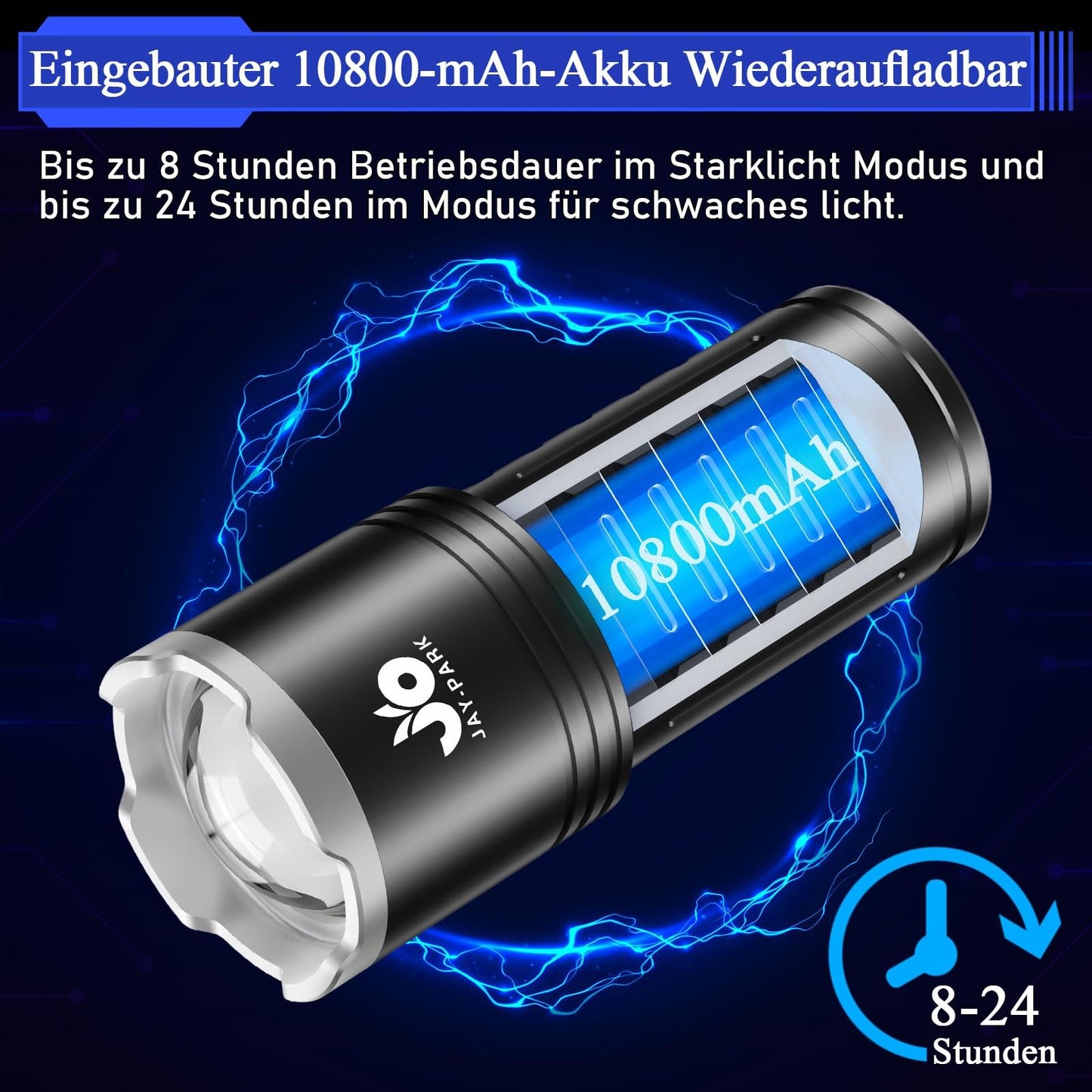 JAY-PARK LED Flashlights High Lumens Rechargeable - 10000 Lumen with 10800mAh Battery and LCD Power Display, 5 Lighting Modes, Zoomable, Long Beam(3000m) High Powered Flashlight for Camping, Emergency