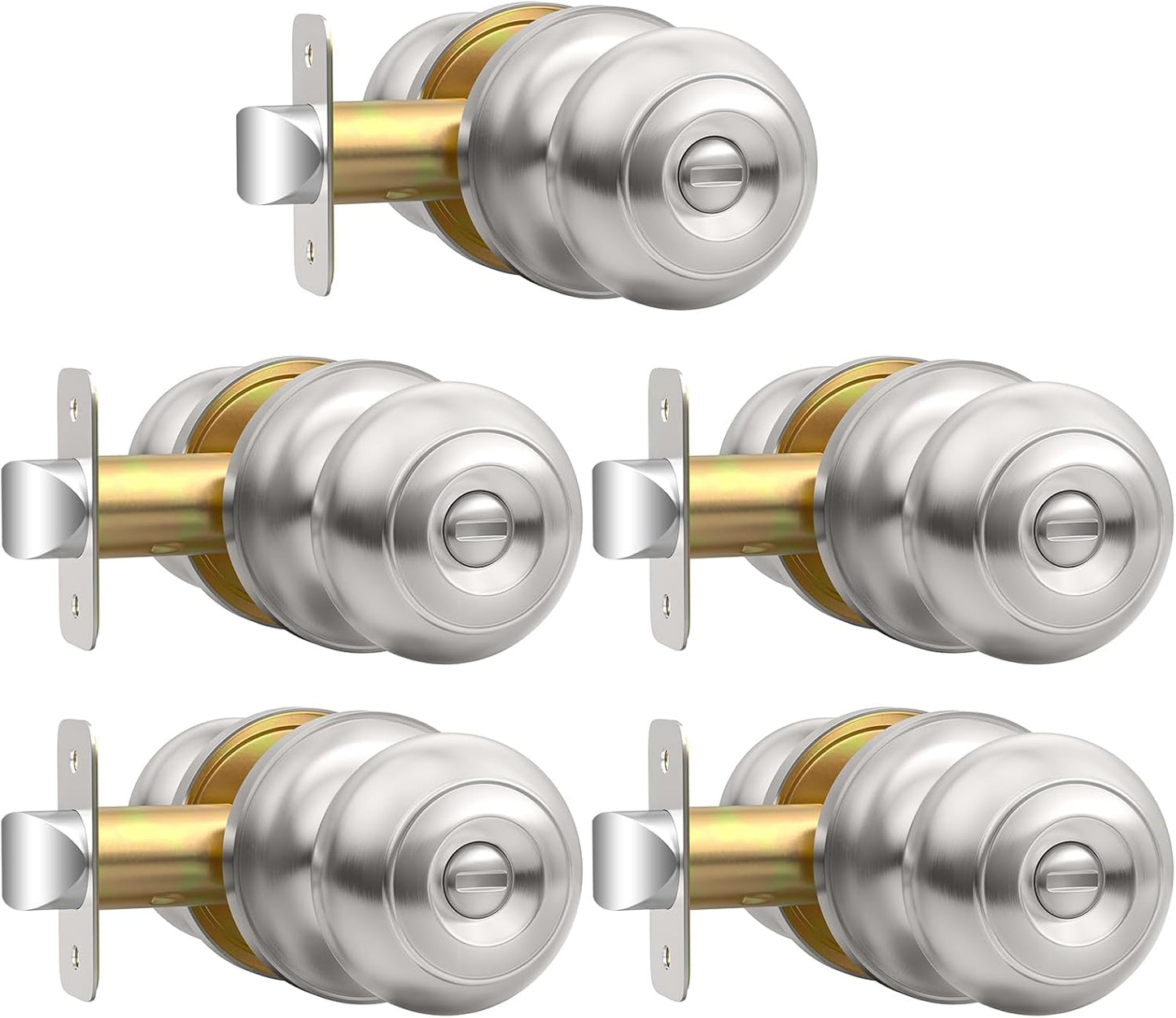 Brushed Nickel Privacy Door Knob Set - Keyless Interior Locks for Bedroom & Bathroom (6 Pack)