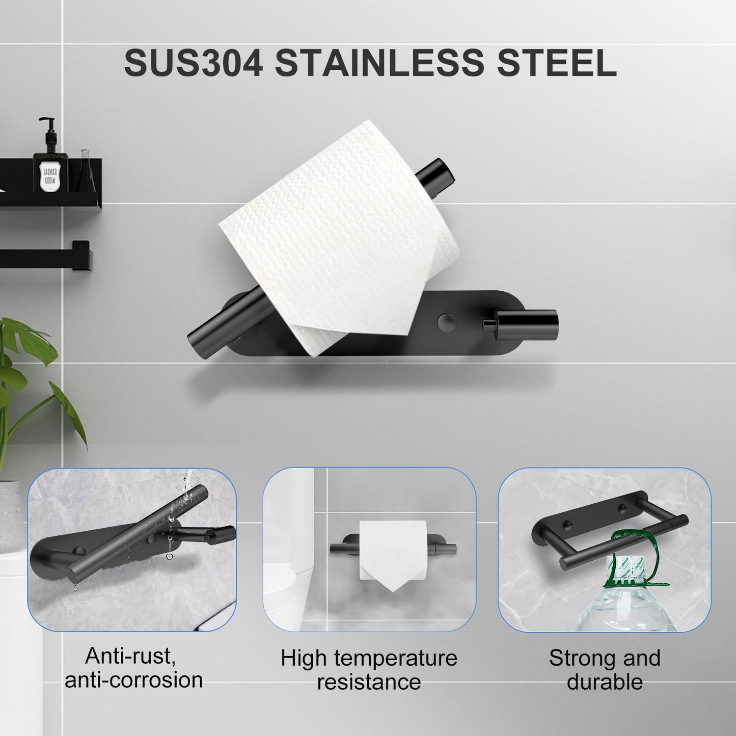 SetSail Toilet Paper Holder Adhesive or Screw-in Matte Black Bathroom Toilet Paper Roll Holders Wall Mount Stainless Steel Tissue Holder for Bathroom Hardware Accessories