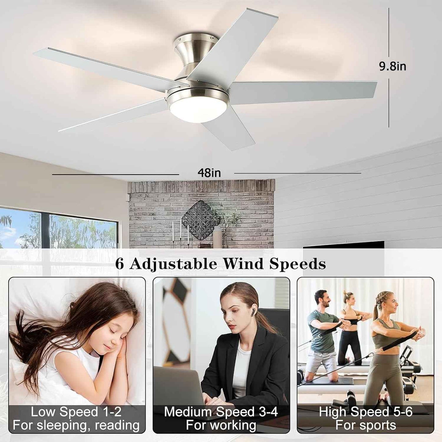 48-Inch Low Profile Ceiling Fan with Lights & Remote Control - Dimmable, Noiseless, Reversible Motor for Bedroom & Indoor/Outdoor Use