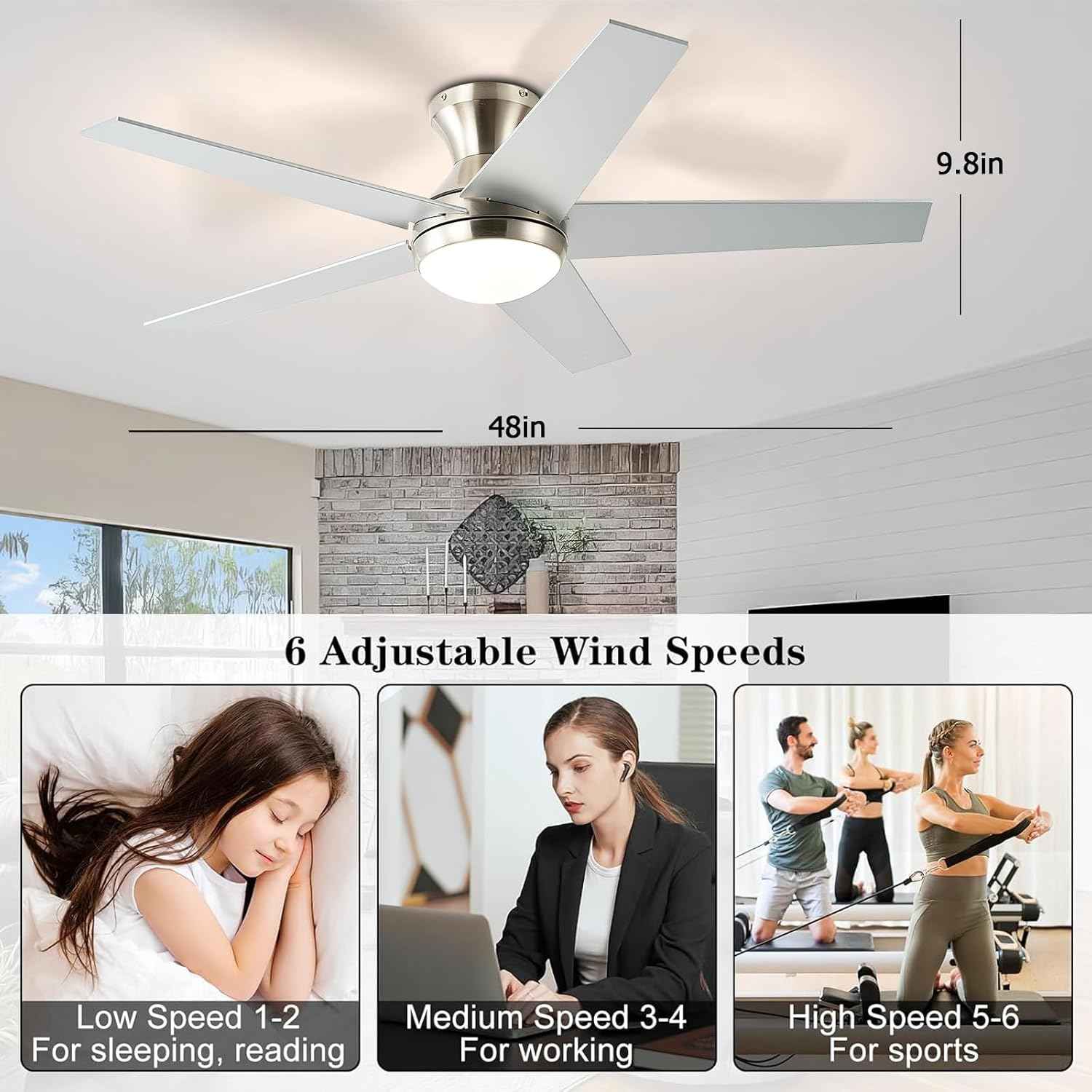 48-Inch Low Profile Ceiling Fan with Lights & Remote Control - Dimmable, Noiseless, Reversible Motor for Bedroom & Indoor/Outdoor Use