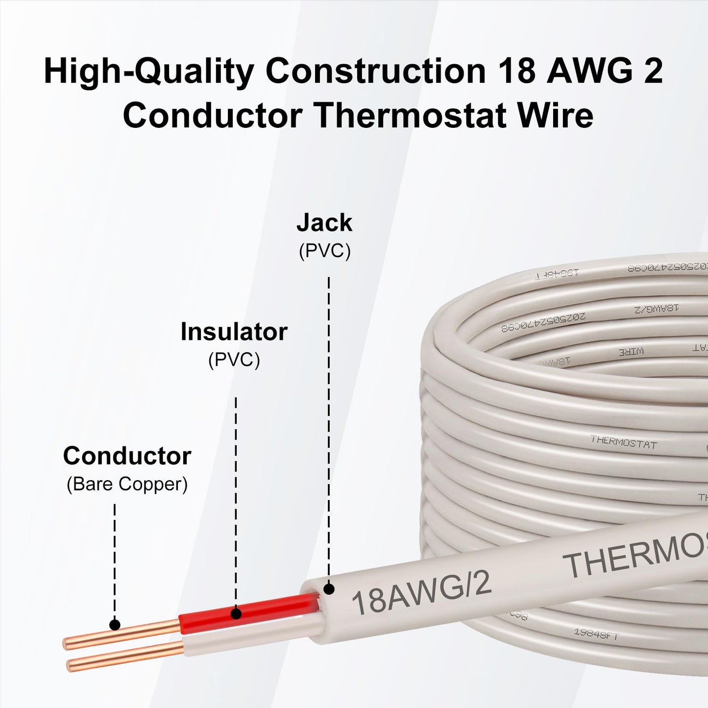 XRDS -RF 18AWG 2 Conductor Thermostat Wire 20FT, Solid Copper, 18 Gauge 2 Wire for Thermostat, HVAC, Heating and Cooling, White Jacket (20FT / 25FT / 30FT / 50FT / 75FT / 100FT)