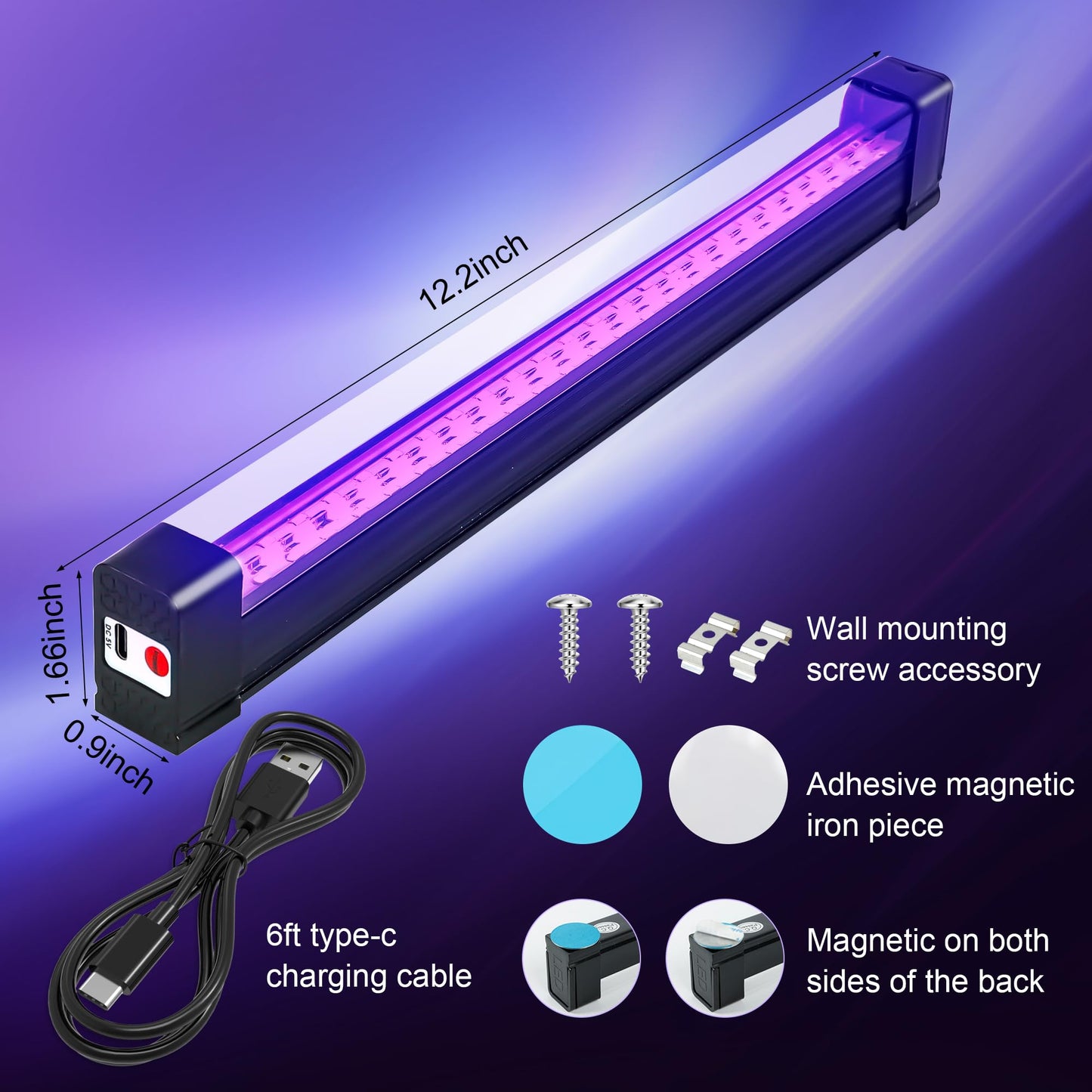 2 Pack Rechargeable LED Black Light Bar, 10W Battery Operated Black Lights, Cordless Black Light Strip, Portable Blacklight for Bedroom Tapestry Poster Glow Party