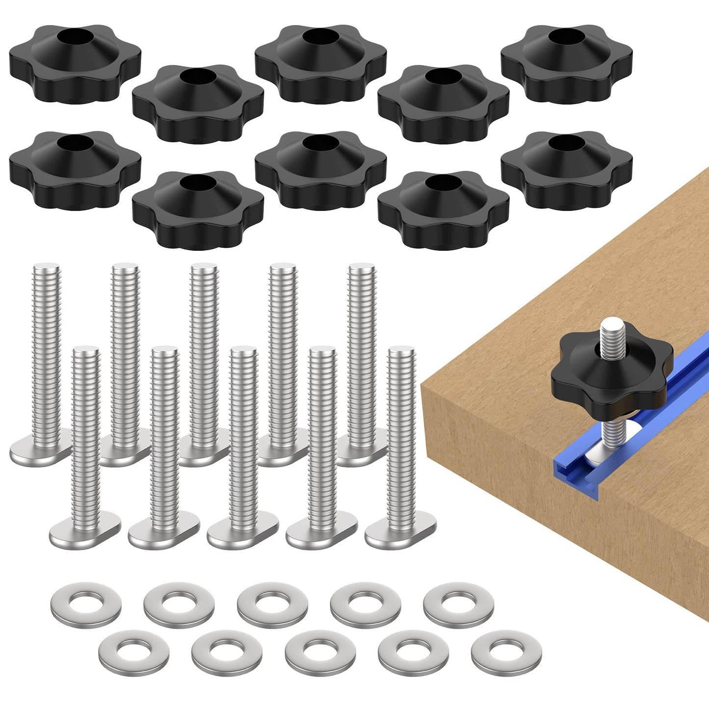 ZIUZI 10 Sets of 1/4"-20 T Track Knob Kit, Star Knobs Kit Include 1/4-20 Threaded Bolts with Washers and Star Knobs, T Track Accessories for Woodworking Jigs and Fixtures