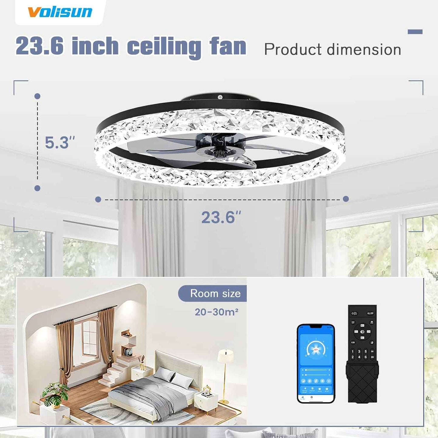 Modern Bladeless Ceiling Fan with Light & Remote - 15.7in Low Profile Fandelier, Dimmable 3000K-6500K for Bedroom