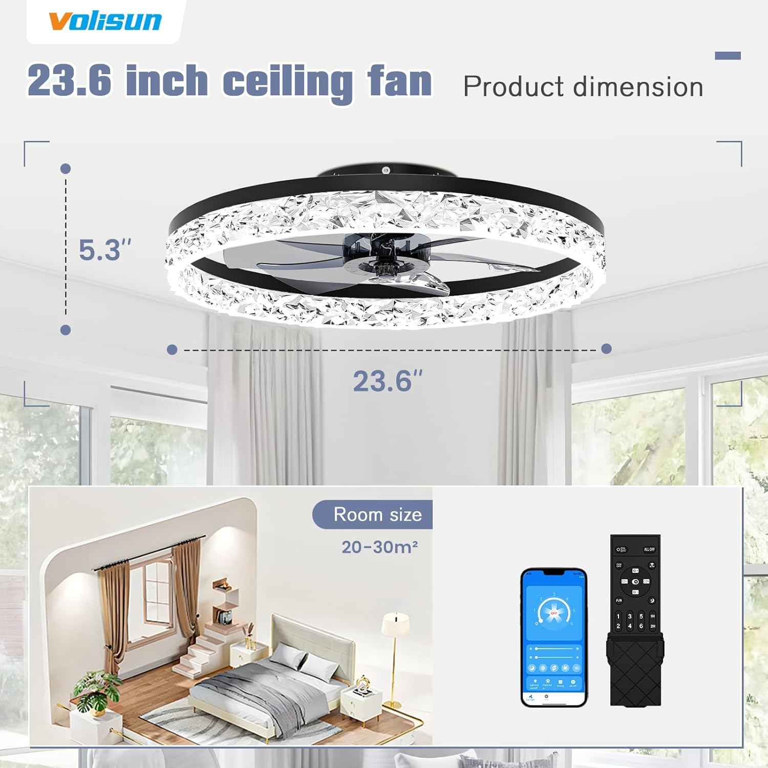 Modern Bladeless Ceiling Fan with Light & Remote - 15.7in Low Profile Fandelier, Dimmable 3000K-6500K for Bedroom