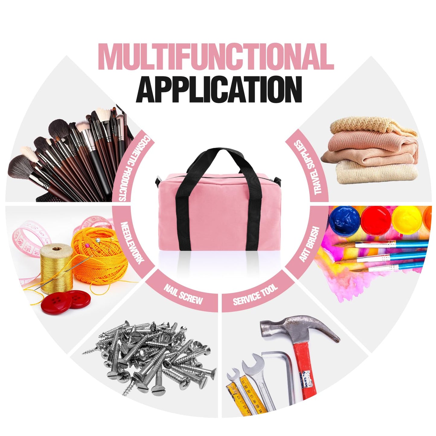 Small Tool Bag, Canvas Tool Storage Bag, Large Capacity Multipurpose Zipper Soft Tote Organizer Pouch for Electrician, Plumbing, Gardening,Tools Bags for Men (Pink, 13 Inch)