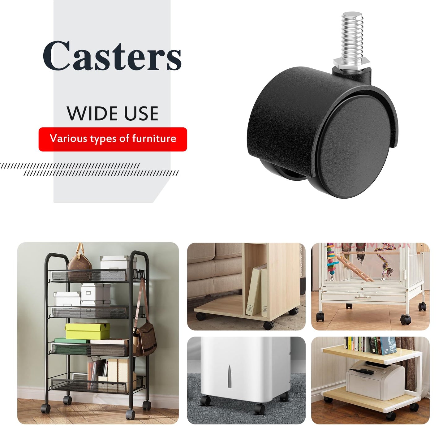 ANDUTEES 2 Inch Furniture Stem Casters Set of 4, Threaded Stem Diameter 5/16" Plastic Caster Wheels, Black Swivel Small Castors with T-Nuts, for Table, Cabinet, Storage Rack