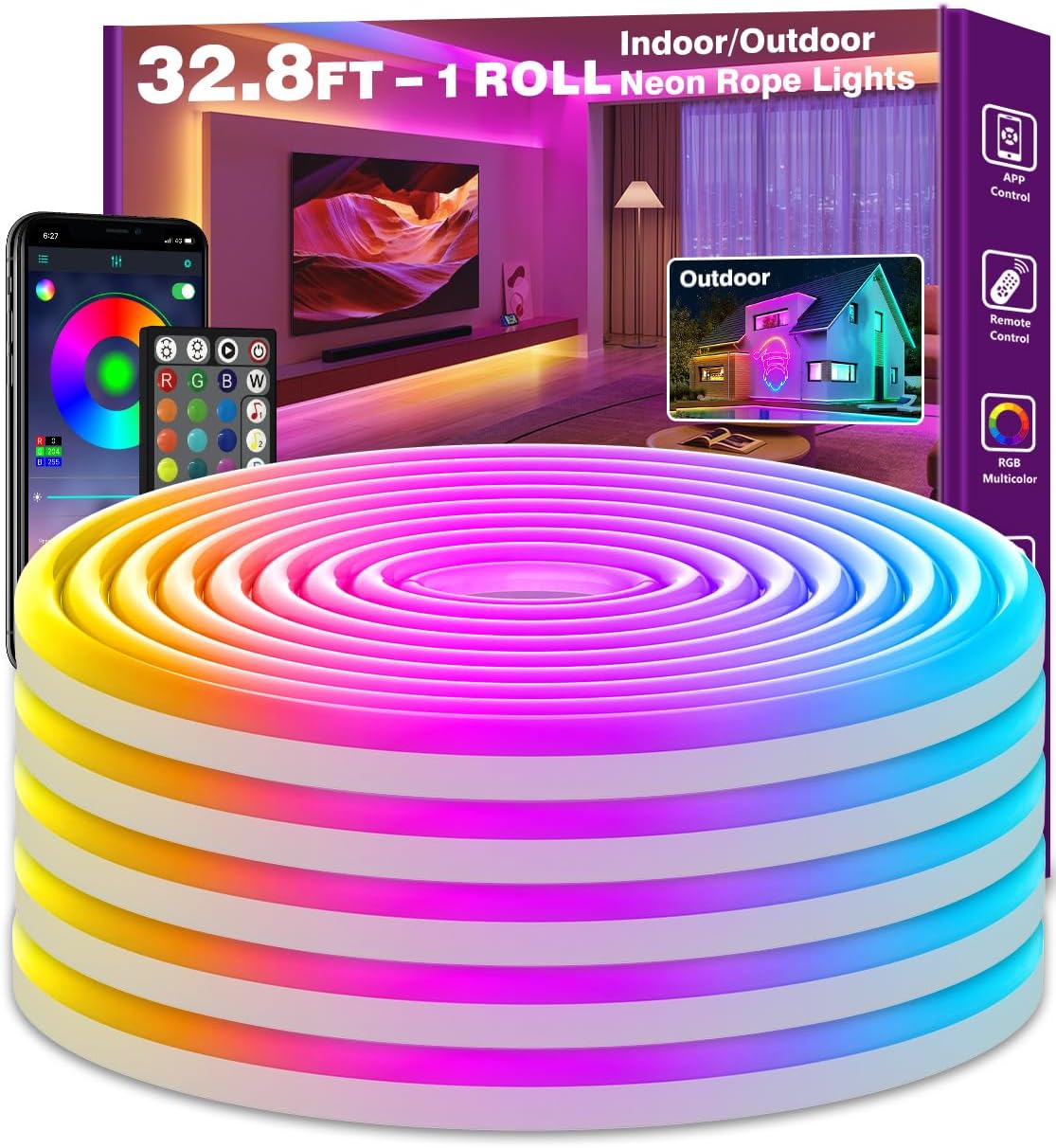 60FT SINLEY LED Neon Rope Lights - App/Remote Control, Waterproof RGB for Indoor/Outdoor Use