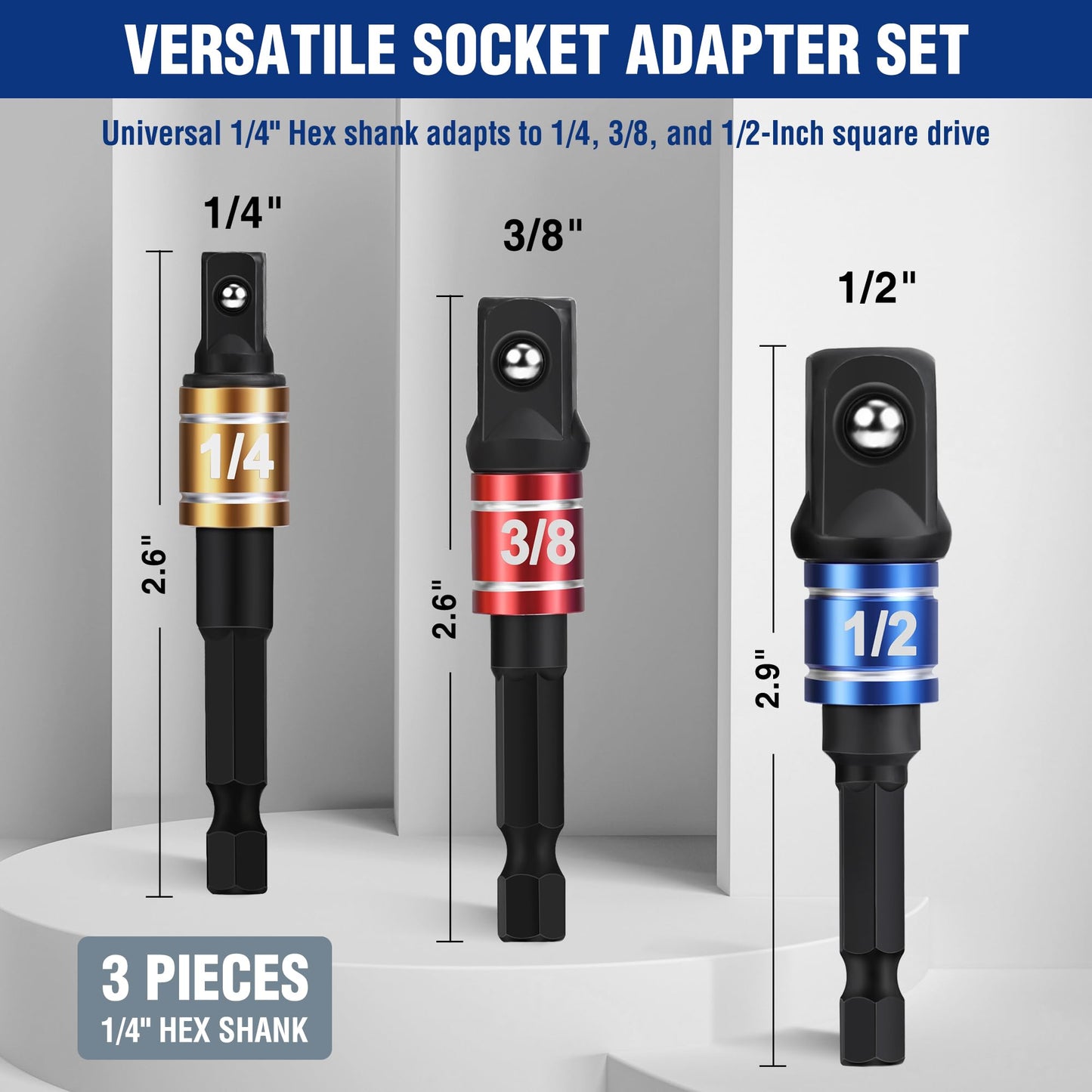WORKPRO Impact Grade Socket Adapter Set, 1/4", 3/8", & 1/2" Drive, Extension Driver Bit With Holder, for Power Drill to High Torque Impact Wrench, 6PCS