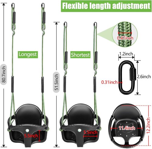 Dakzou High Back Full Bucket Toddler Swing Seat - Upgraded Heavy Duty with Finger Grip Chain | Black