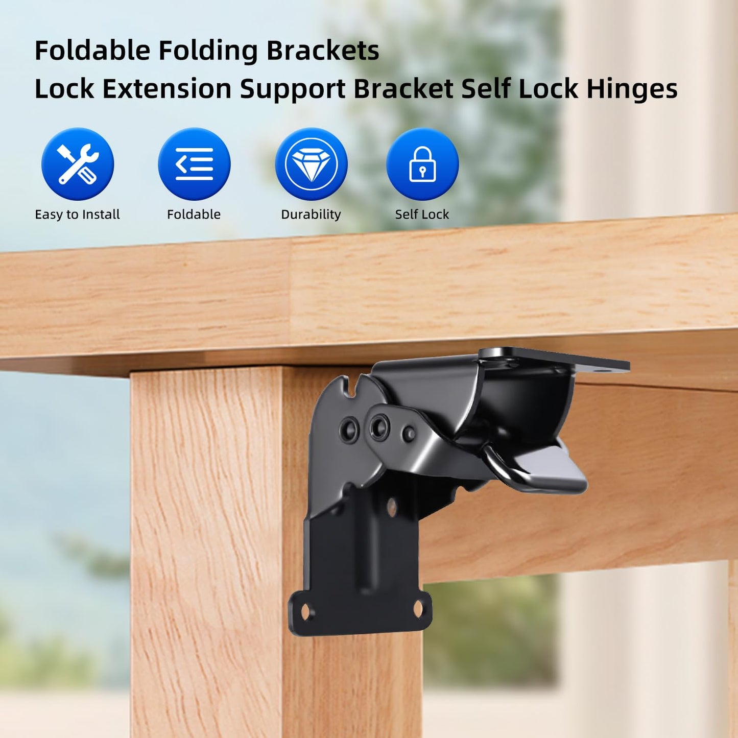 YDAJIURI Folding Brackets 4 Pack, Heavy-Duty Self-Locking Hinges with Screws, Foldable Lock Extension Support Brackets for Table Legs, Bed Legs, Workbenches – Black