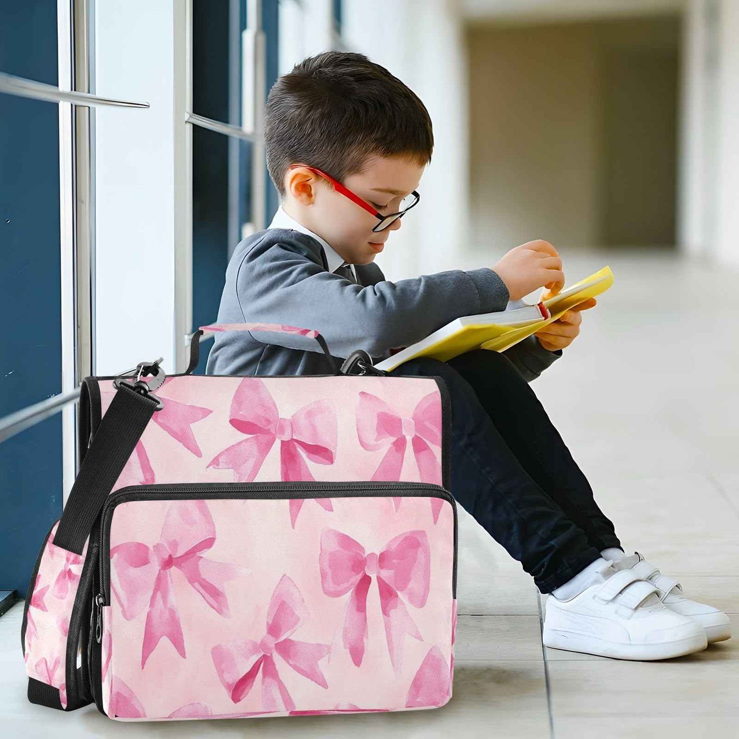 Blueangle Pink Bow Zipper Binder, 1.5-Inch 3-Ring Binder Bag Holds 500 Pages, Multi-Pocket Zipper Organizer with Adjustable Strap & Handle