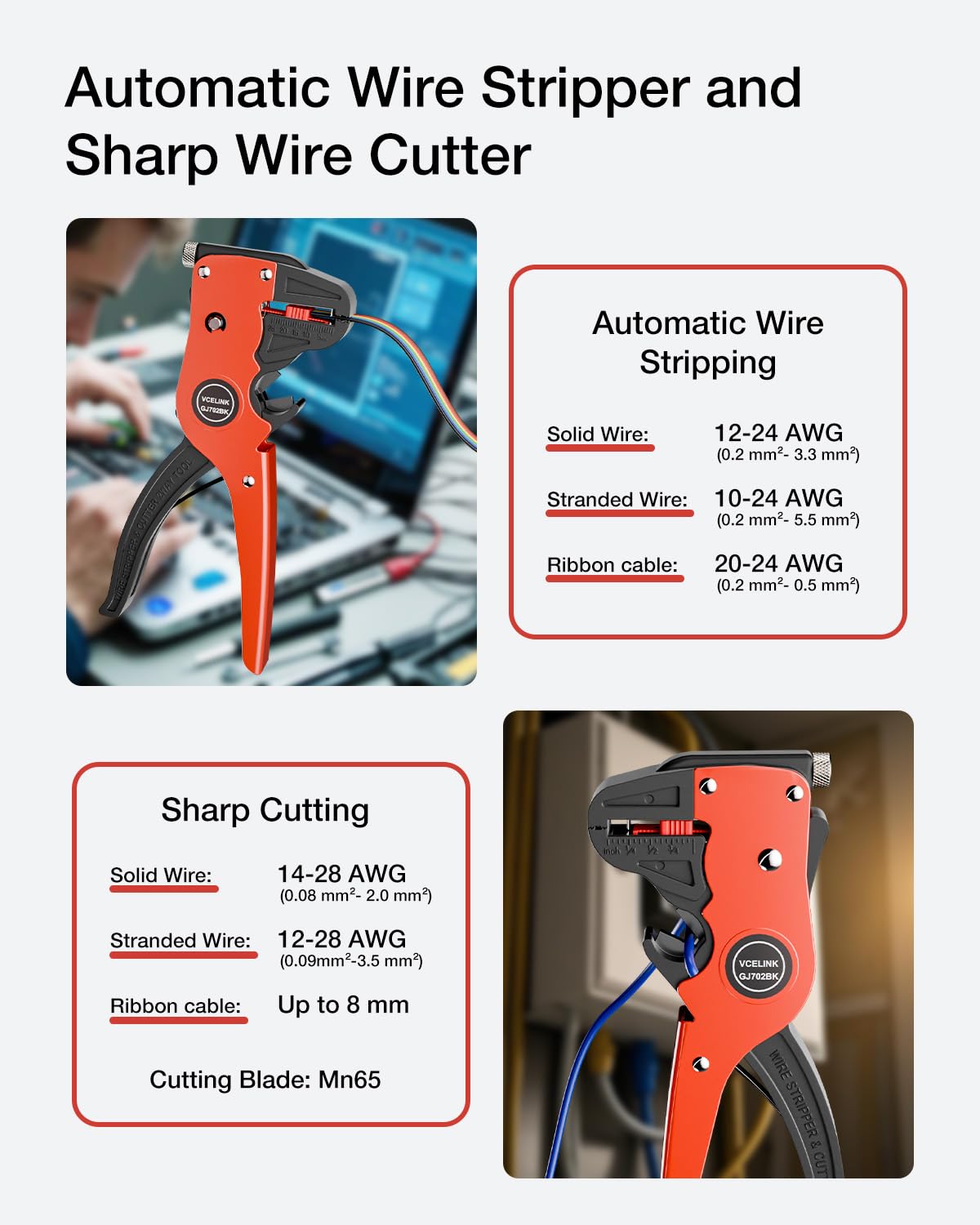 VCELINK Automatic Quickstrip Wire Stripper and Cutter, Professional Quick Strip Wire Stripper, 2 in 1 Adjustable Electrical Cable Wire Stripping Tool&Eagle Nose Self-Adjusting Wire Pliers, Black