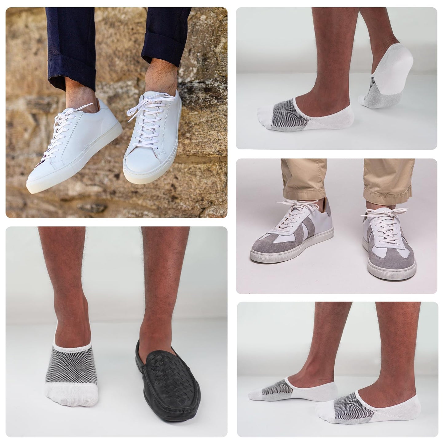 SIXDAYSOX White No Show Socks Men 6 Pairs Low Cut Invisible Cotton Socks Non Slip Liner Socks for Loafer Sneakers Casual Shoe Size 10-13