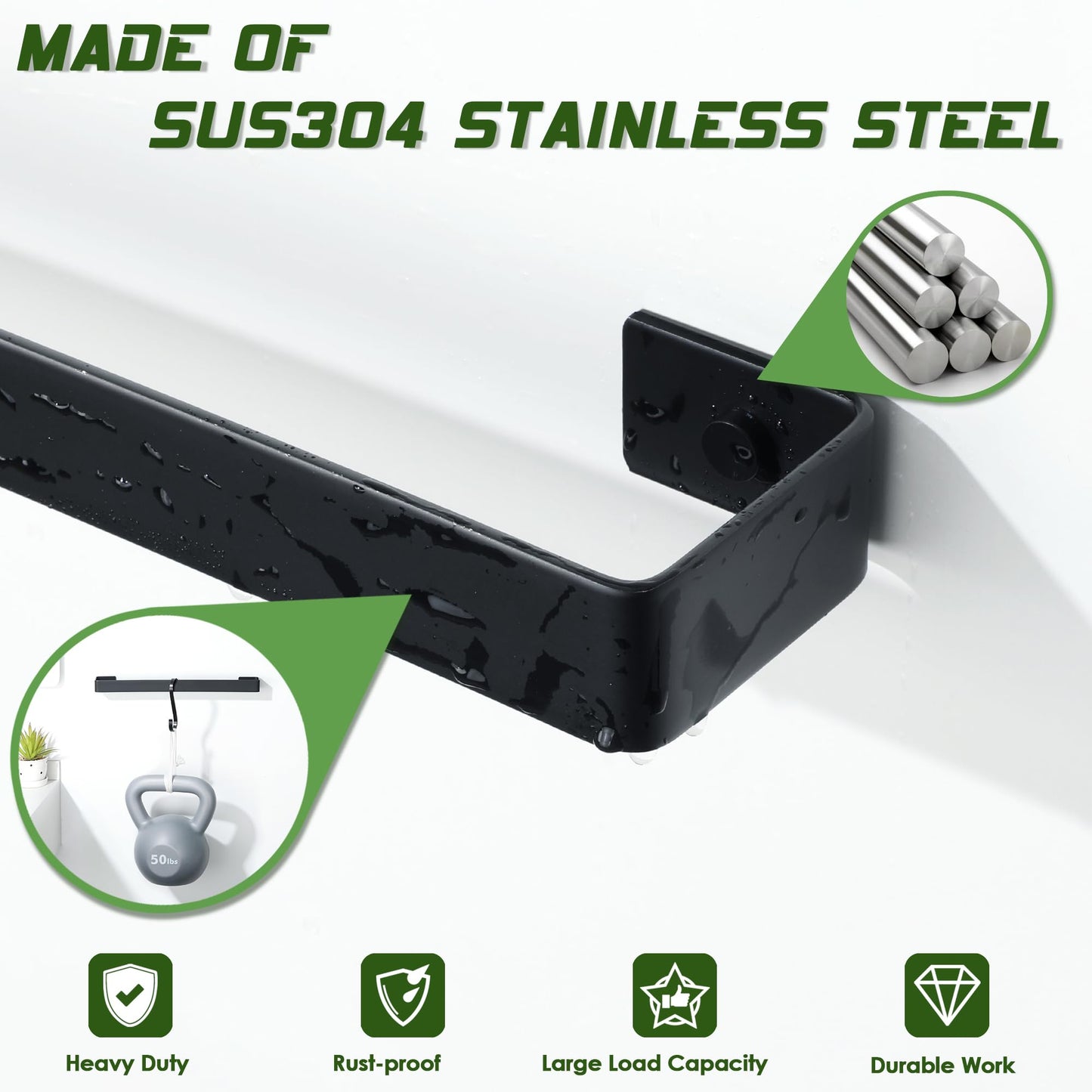 Alise Hand Towel Holder Black Towel Bar for Bathroom Wall Mount,SUS304 Stainless Steel Towel Rack for Bathroom and Lavatory,Kitchen,8'' Bath Towel Hanger Towel Rail