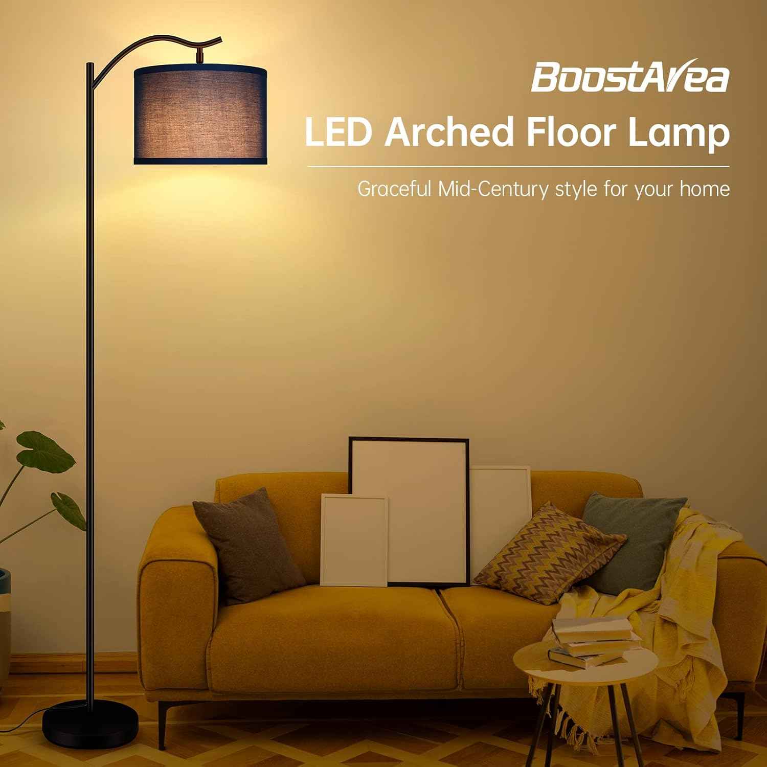 Modern LED Floor Lamp with Bohemian Linen Shade – Arched Tall Standing Light for Living Room & Bedroom