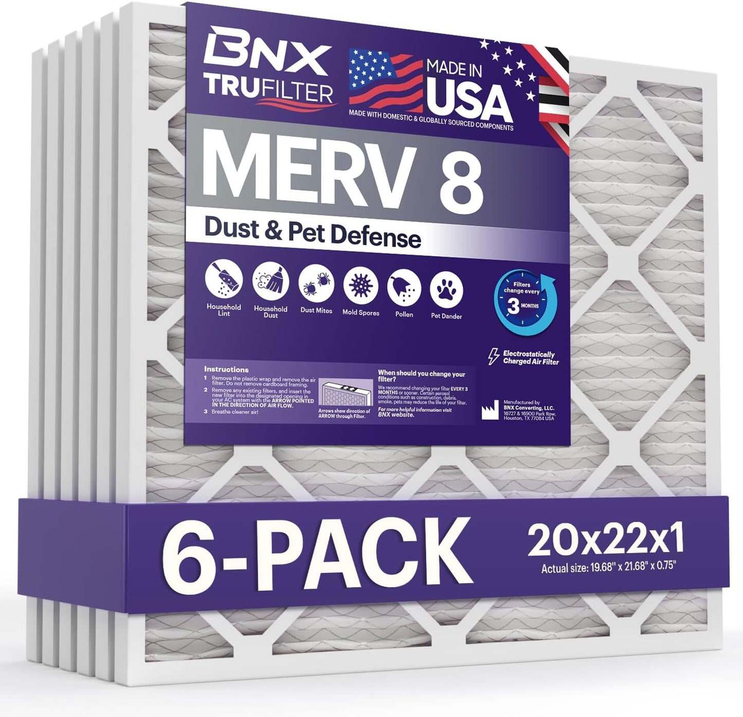 BNX TruFilter 12x12x1 MERV 8 Air Filters (6-Pack) - USA-Made Dust & Pet Defense for HVAC