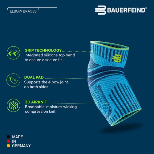 Bauerfeind Sports Elbow Support - Elbow Brace for Pain Relief and Support - Pads for Enhanced Comfort - Targeted Compression - Lightweight & Durable - All Black, Large