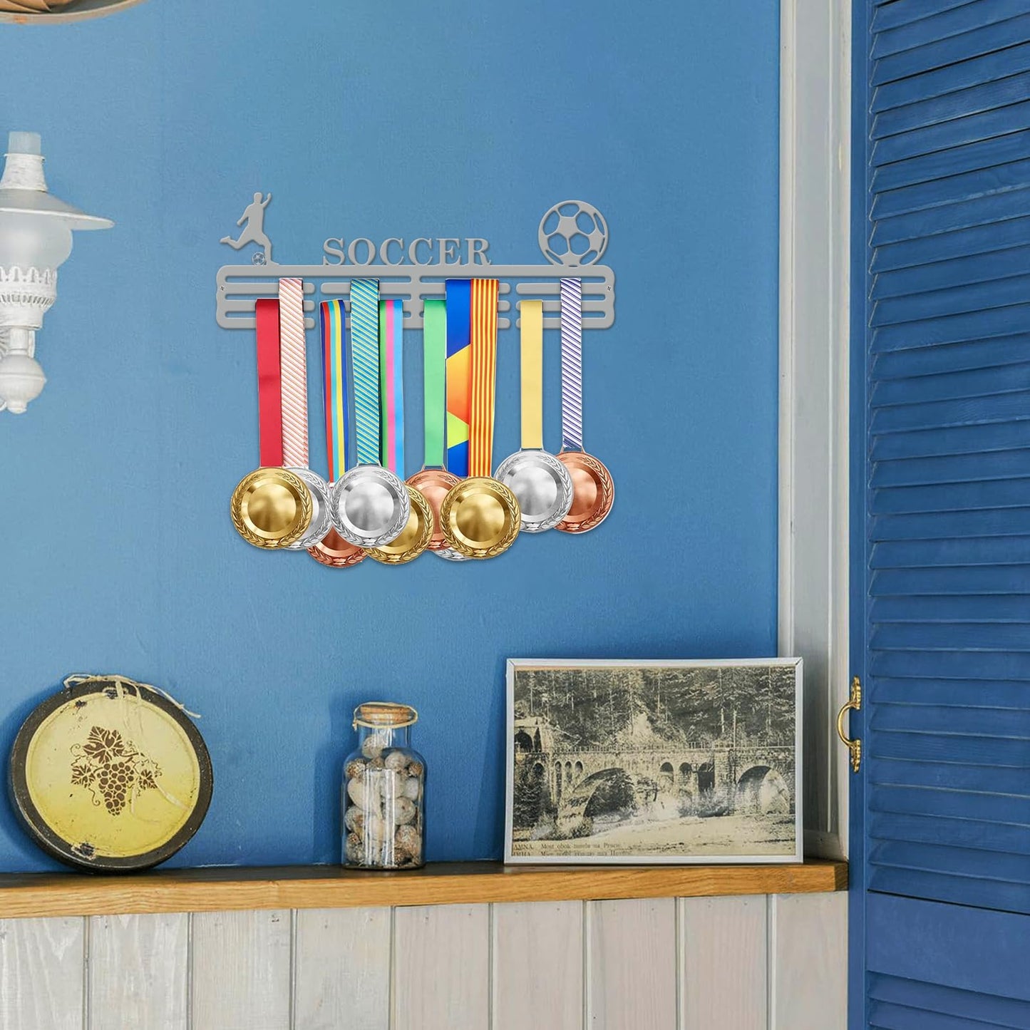 Resama World Cup Soccer Medal Hanger Holder Display Rack for Awards Ribbons Personalized Medal Sports Themed Race Ribbon Holder for Wall Metal Display for Men Boy Girl Kid Silver