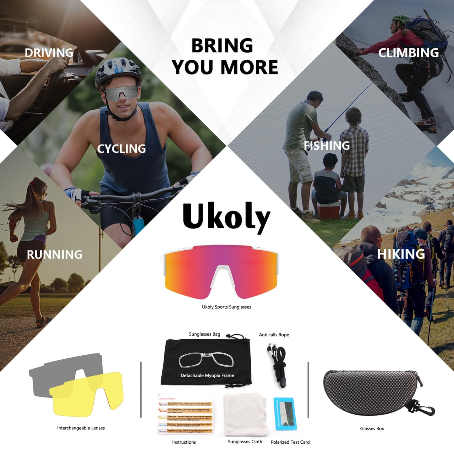 Ukoly Cycling Sunglasses for Men & Women - 3 Interchangeable Lenses, Polarized Sports Sunglasses, Baseball Style - 550 Set WR
