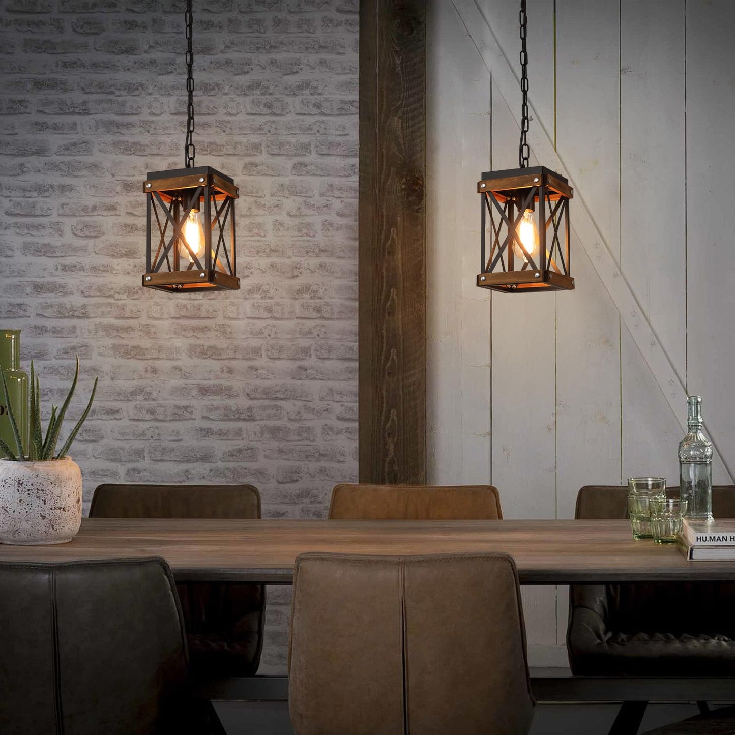 2 Pack Rustic Farmhouse Plug in Pendant Light Fixture with Adjustable Chain, Oak Wood and Metal Lantern Cage Mini Hanging Lamp for Kitchen Island Living Room Hallway Farmhouse Bar, Black