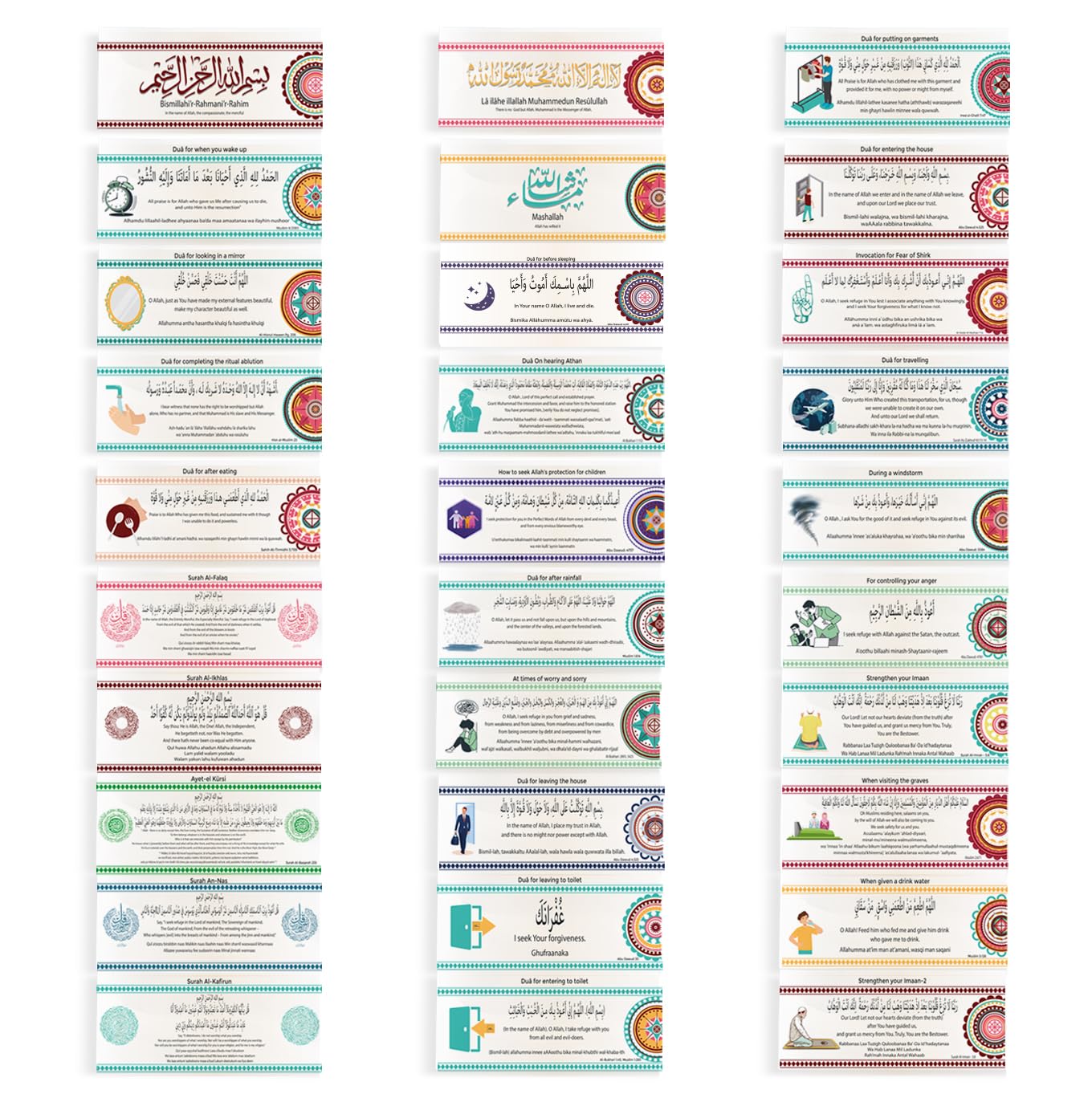 Set of 30 Islamic Quran Quotes with Arabic Letters Wall Decor Stickers - 7.8x3.5 in - Ramadan Eid Gifts for Muslim Men and Women - Duas for Kids Education