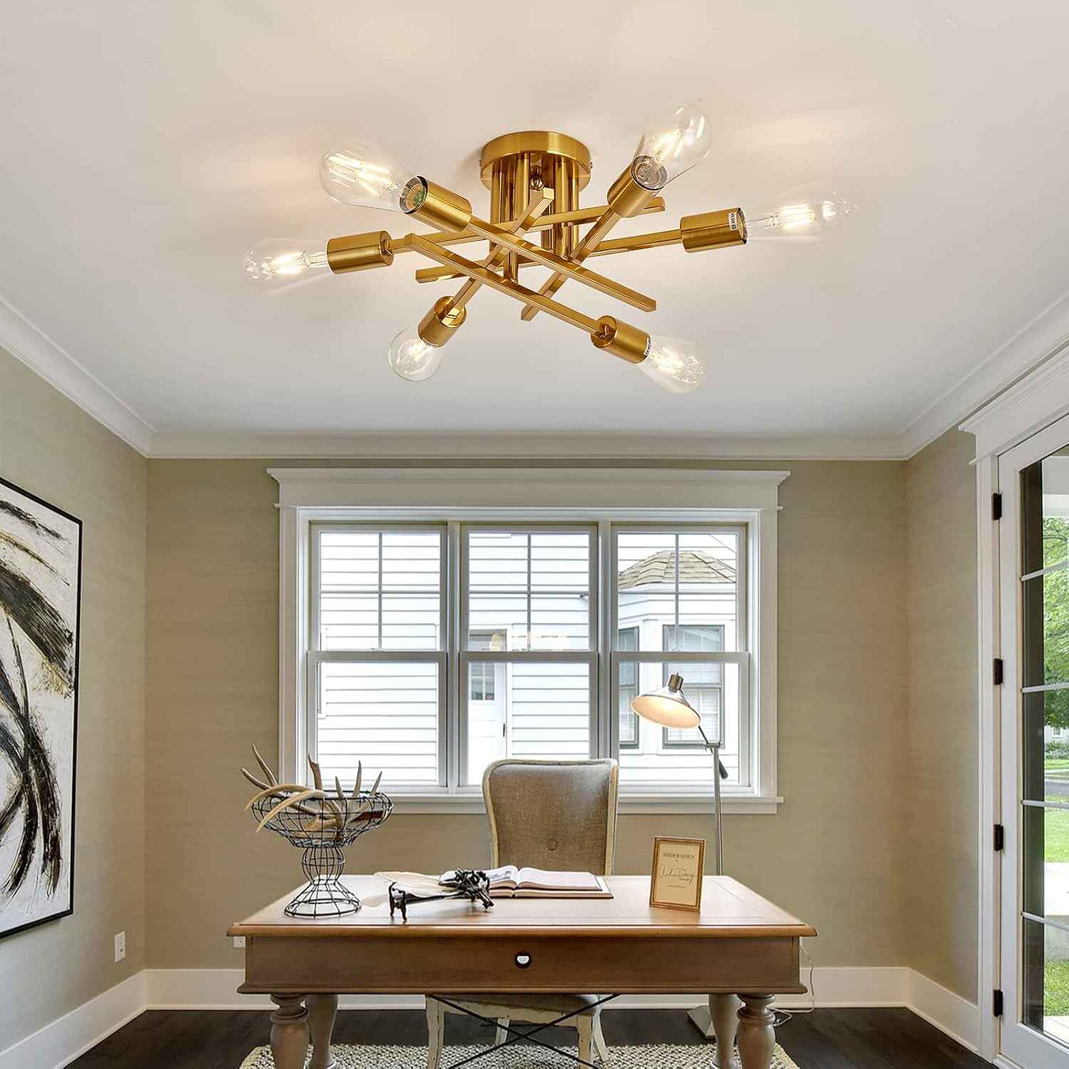 Gold Modern 6-Light Semi Flush Mount Ceiling Light Fixture - Vintage Sputnik Chandelier for Kitchen, Dining & Living Room