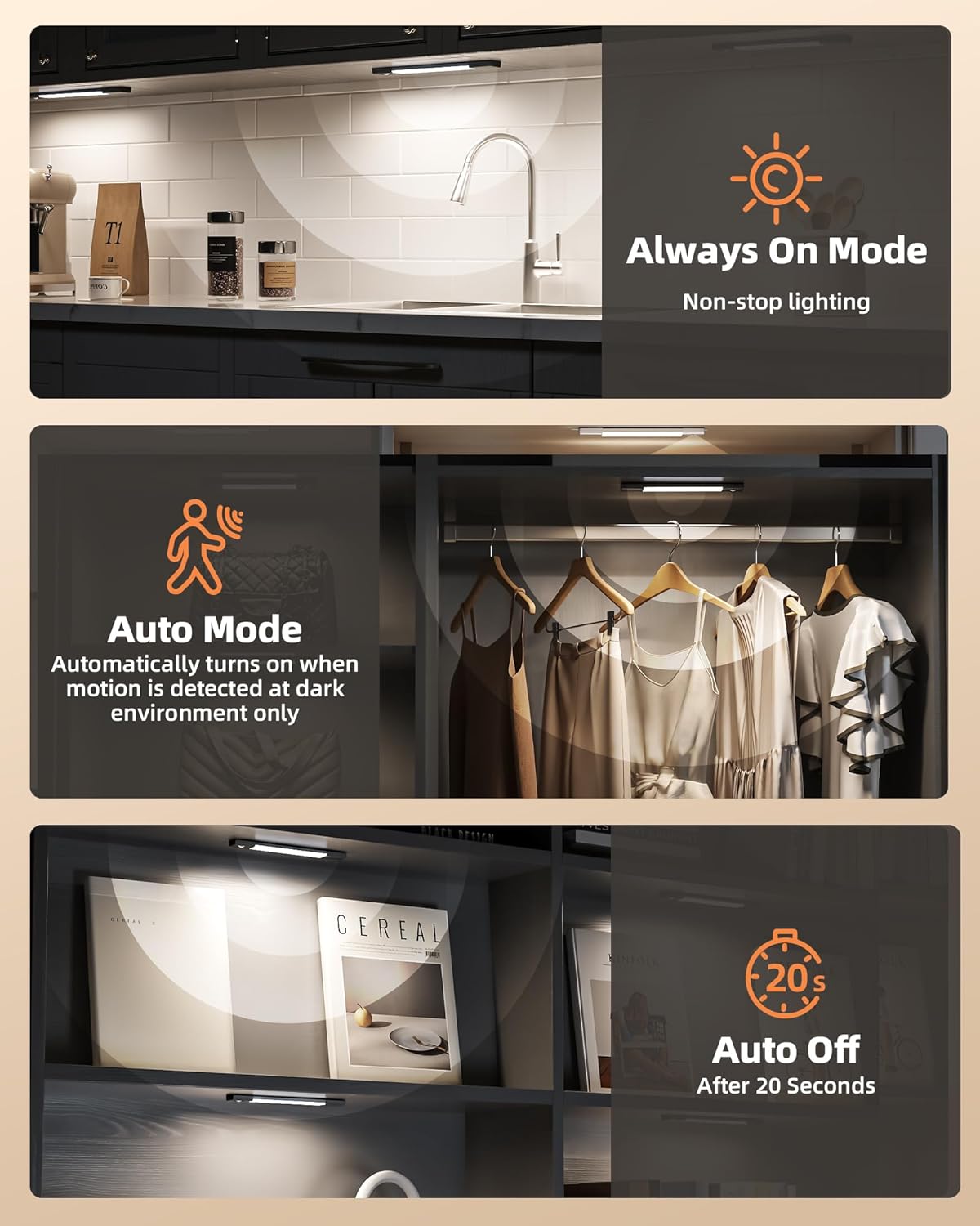 Rechargeable Motion Sensor Under Cabinet Lights - 6-Pack Dimmable LED Closet Lighting, 3 Color Temperatures, 11.8 Inch for Kitchen, Pantry & Bedroom