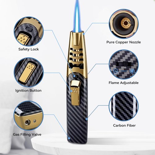 ZQMW Torch Lighter, Butane Lighter, Adjustable Big Jet Flame Butane Torch, Windproof Refillable Gas Long Torch Lighter with Safety Lock for Candle Grill Camping BBQ Kitchen Soldering, Gas Not Included
