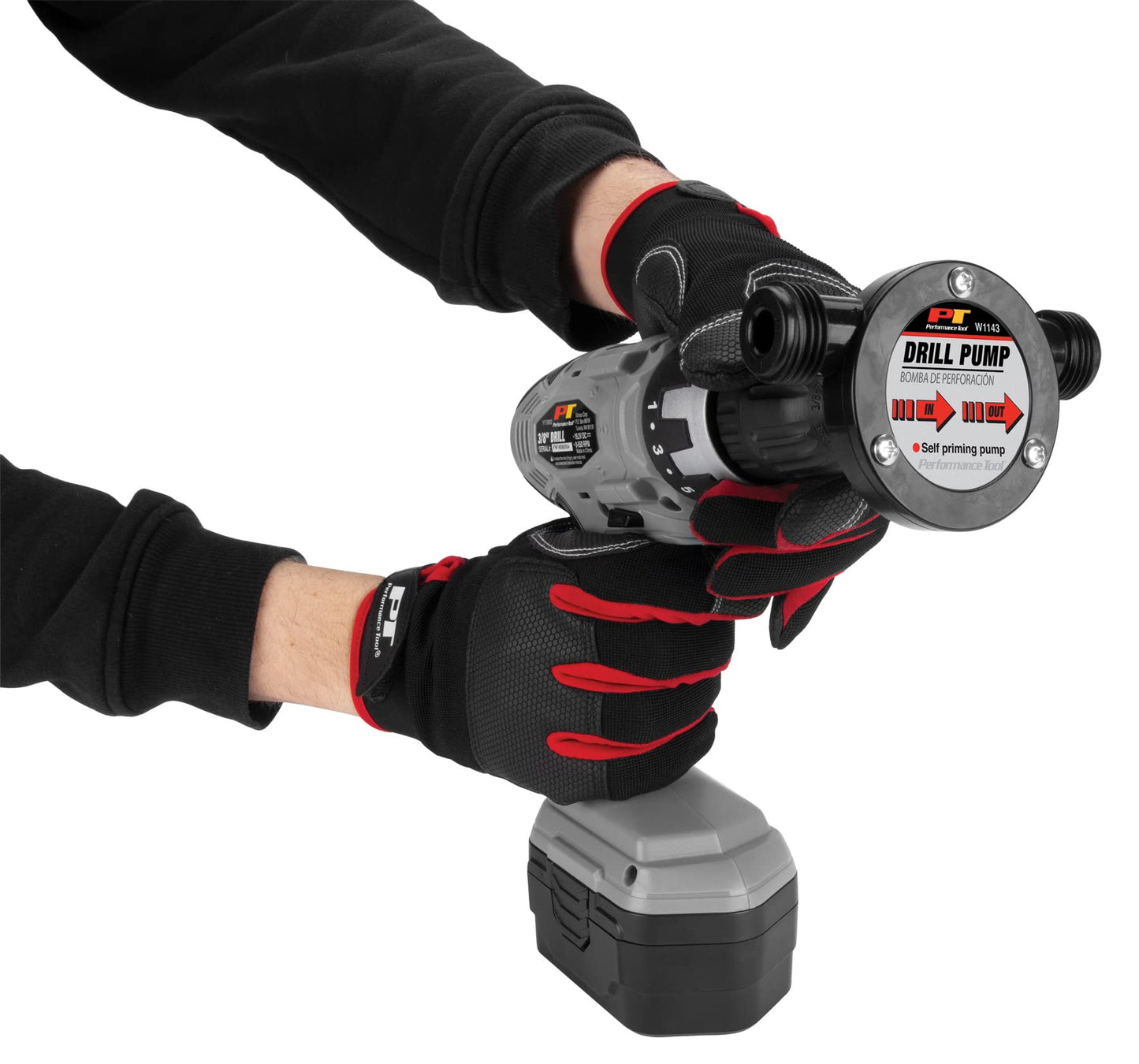 Performance Tool W1143 Liquid Transfer Pump for Corded/Cordless Drills - 225 GPH, 3/4-Inch Max Hose Diameter, Self-Priming, Corrosion-Resistant Shaft