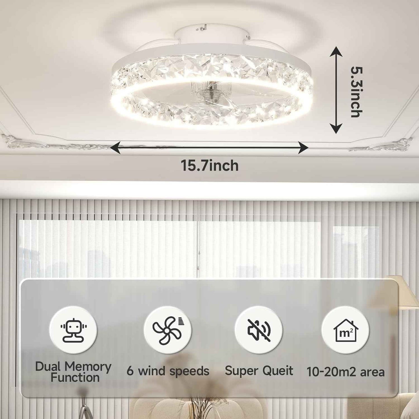 Modern Bladeless Ceiling Fan with Light & Remote - 15.7in Low Profile Fandelier, Dimmable 3000K-6500K for Bedroom