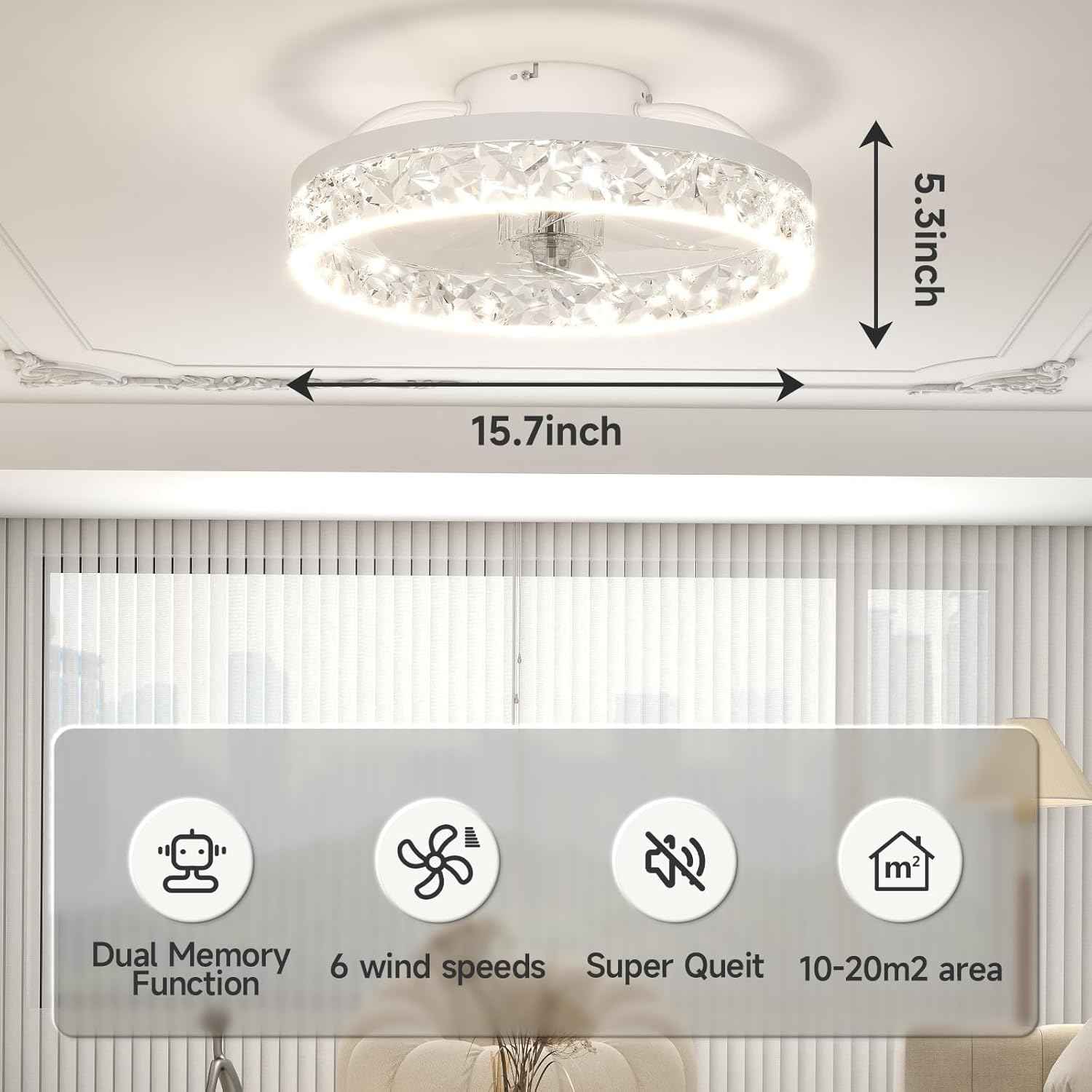 Modern Bladeless Ceiling Fan with Light & Remote - 15.7in Low Profile Fandelier, Dimmable 3000K-6500K for Bedroom