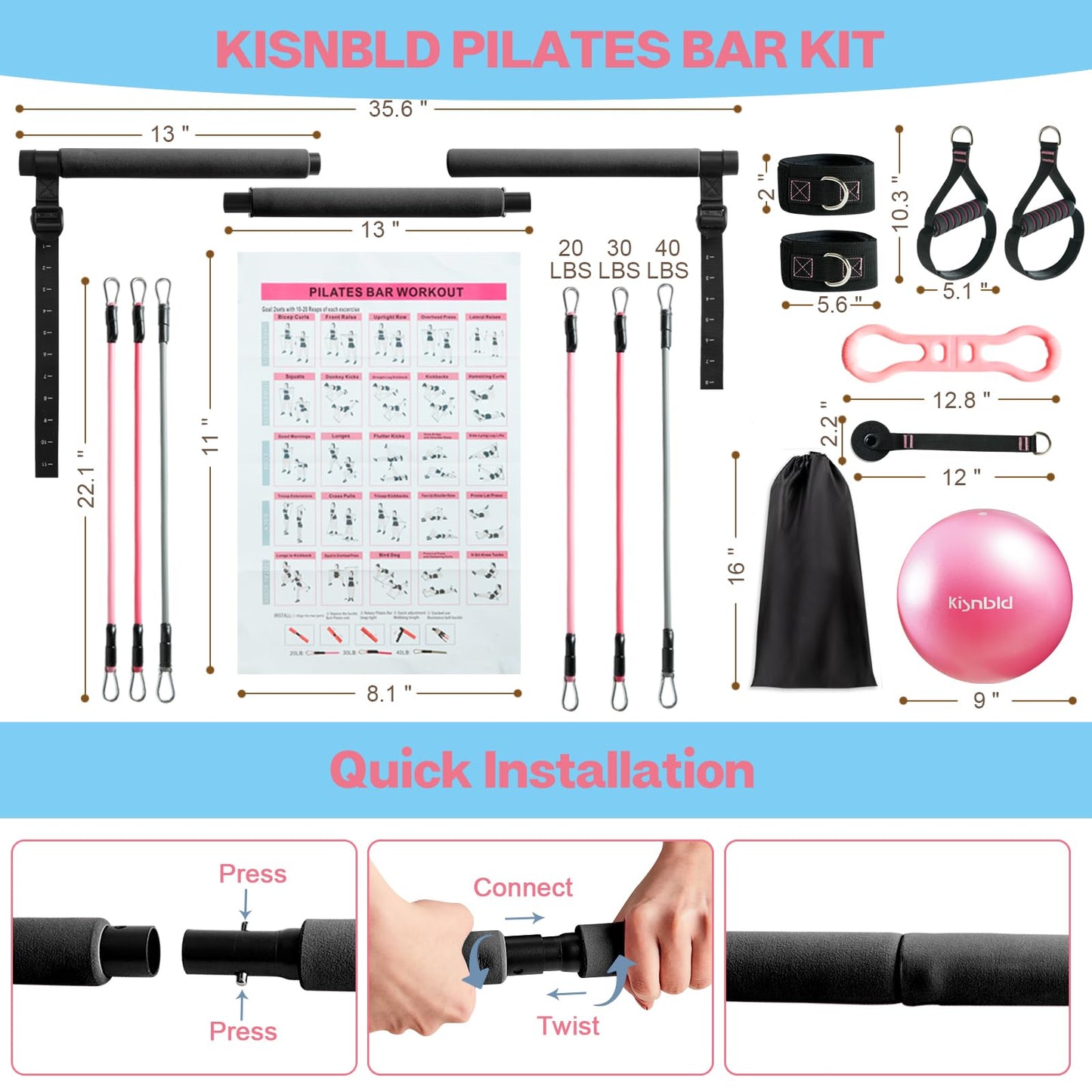 kisnbld Pilates Bar Kit with Resistance Bands, Multifunctional Pilates Bar with 3 Set Exercise Resistance Bands, Portable Pilates Equipment for Women Home Gym Yoga Workouts
