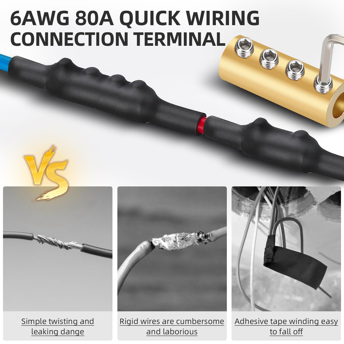 10PCS 6-10AWG 6 8 10 Gauge Wire Connector 2&4-Nut Kit, 80Amp Screw Quick Wiring Connection Terminal, Splicing Quick Wire Connectors, Circuit Wire Butt Bras Connector with Heat Shrink Tube Wrench