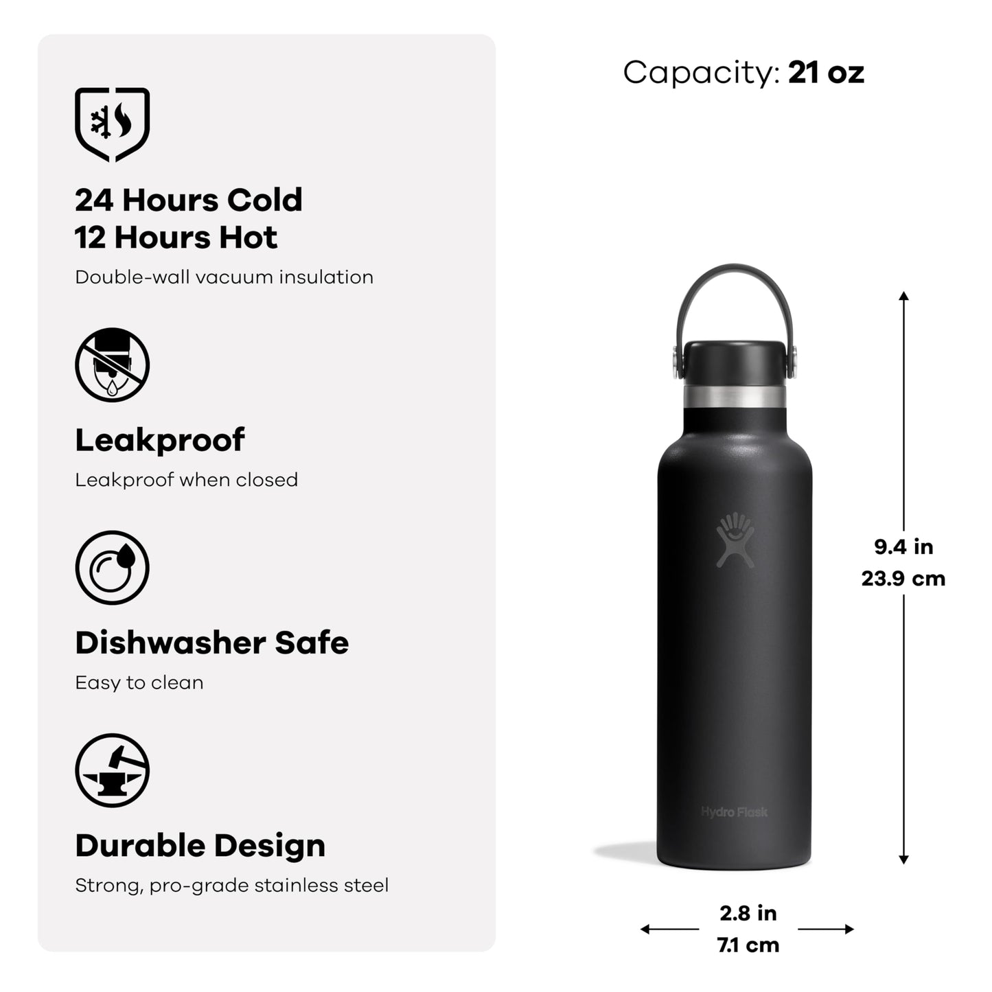 Hydro Flask Water Bottle - Insulated Stainless Steel - Non Spill, Leakproof in 21 Oz Shale Gray