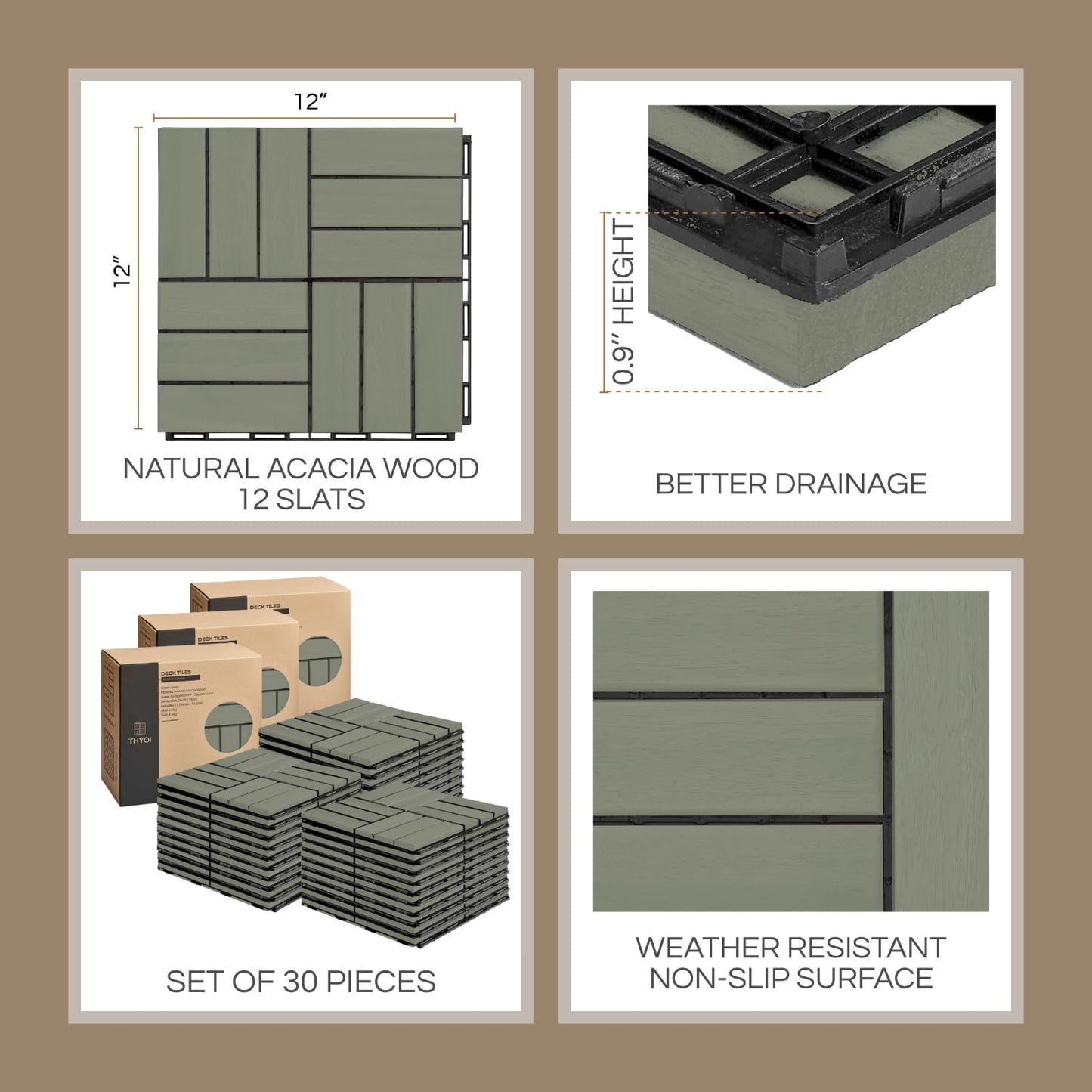Outdoor Waterproof Acacia Wood Deck Tiles - 10 Pcs Patio Flooring for All Weather Use