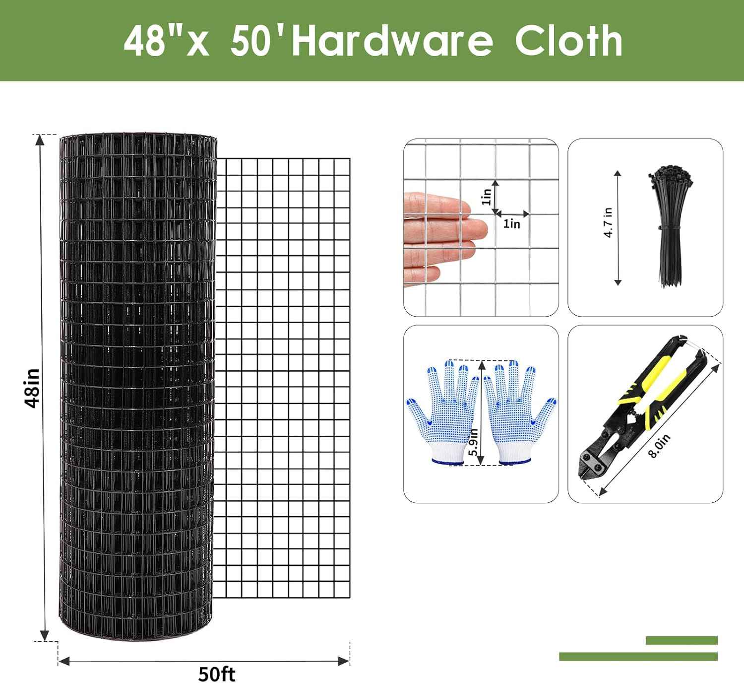 48" x 50' Black Hardware Cloth - 1" Mesh Vinyl Coated Chicken Wire Fence for Poultry