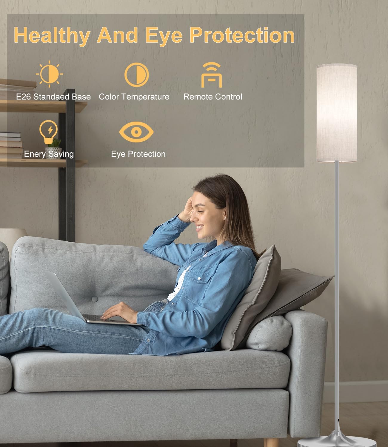 LED Floor Lamp with Remote & Dimmable Feature - Modern Gold Standing Lamp for Living Room & Bedroom