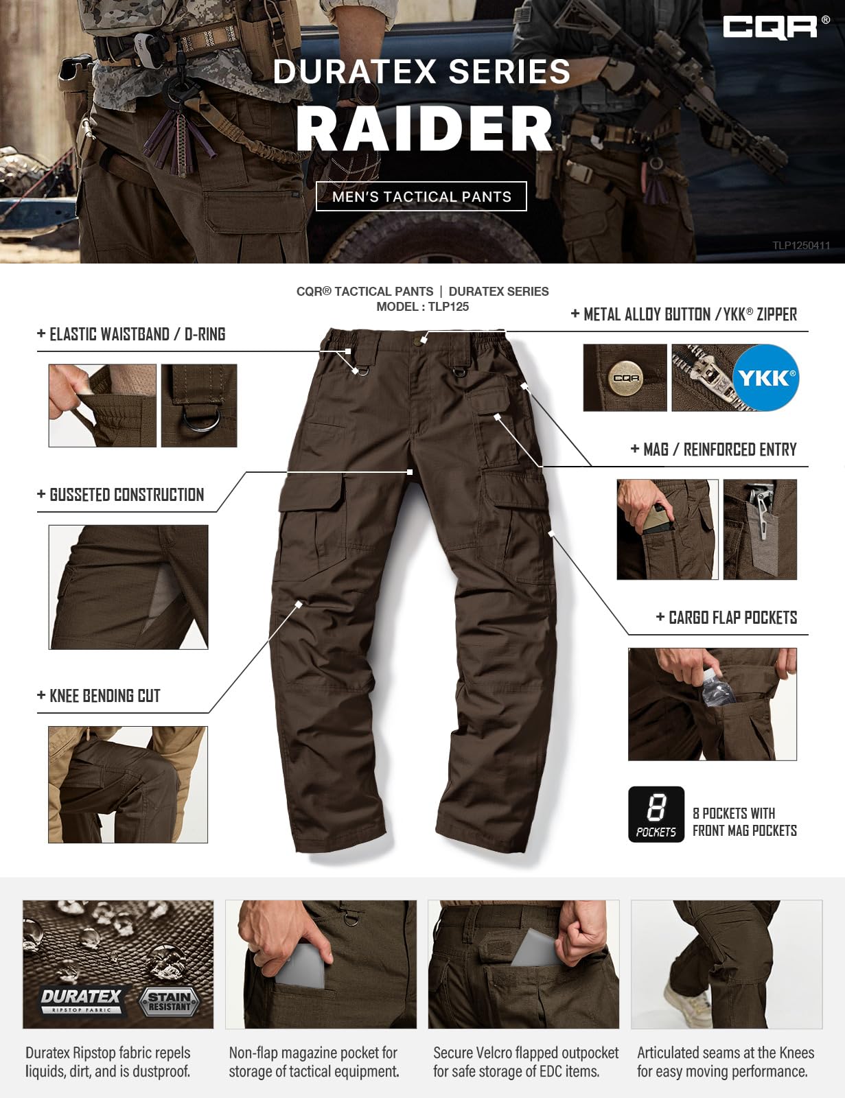 CQR Men's Tactical Pants, Water Resistant Ripstop Cargo Pants, Lightweight EDC Work Hiking Pants, Outdoor Apparel, Duratex Mag Pocket Dark Brown, 36W x 32L