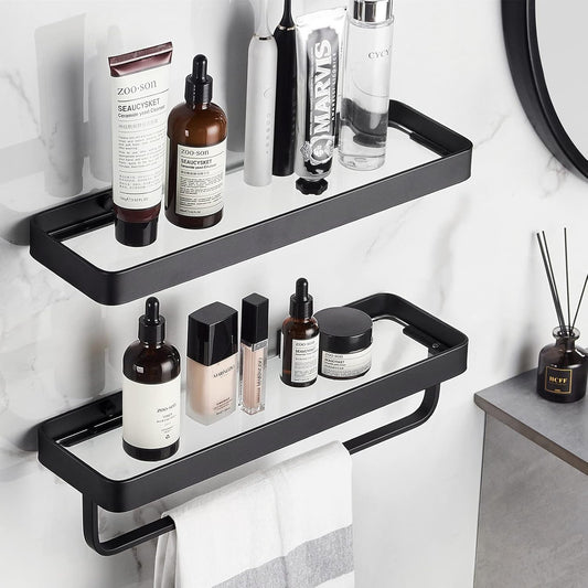 Wall Mounted Glass Bathroom Shelves - 2-Tier Floating Organizer in Black