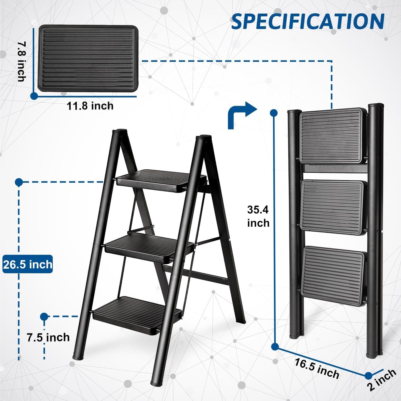 3-Step Folding Step Ladder - Sturdy 330 Lbs Capacity, Anti-Slip Pedals, Multi-Use Kitchen Stool, Black