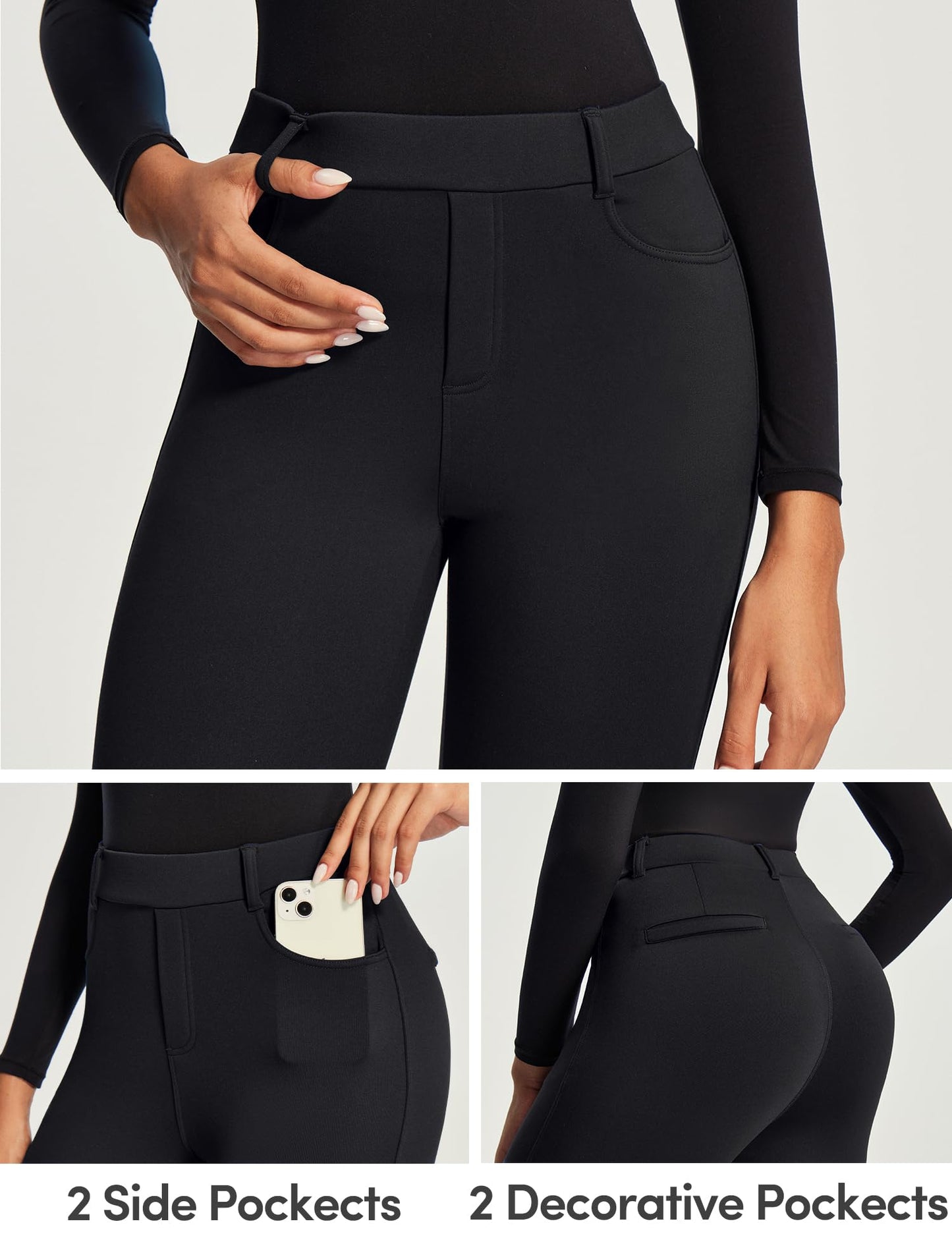 IUGA Fleece Lined Leggings for Work Pull on Thermal Dress Pants Skinny Warm High Waisted Stretchy Work Pants for Women Winter Black