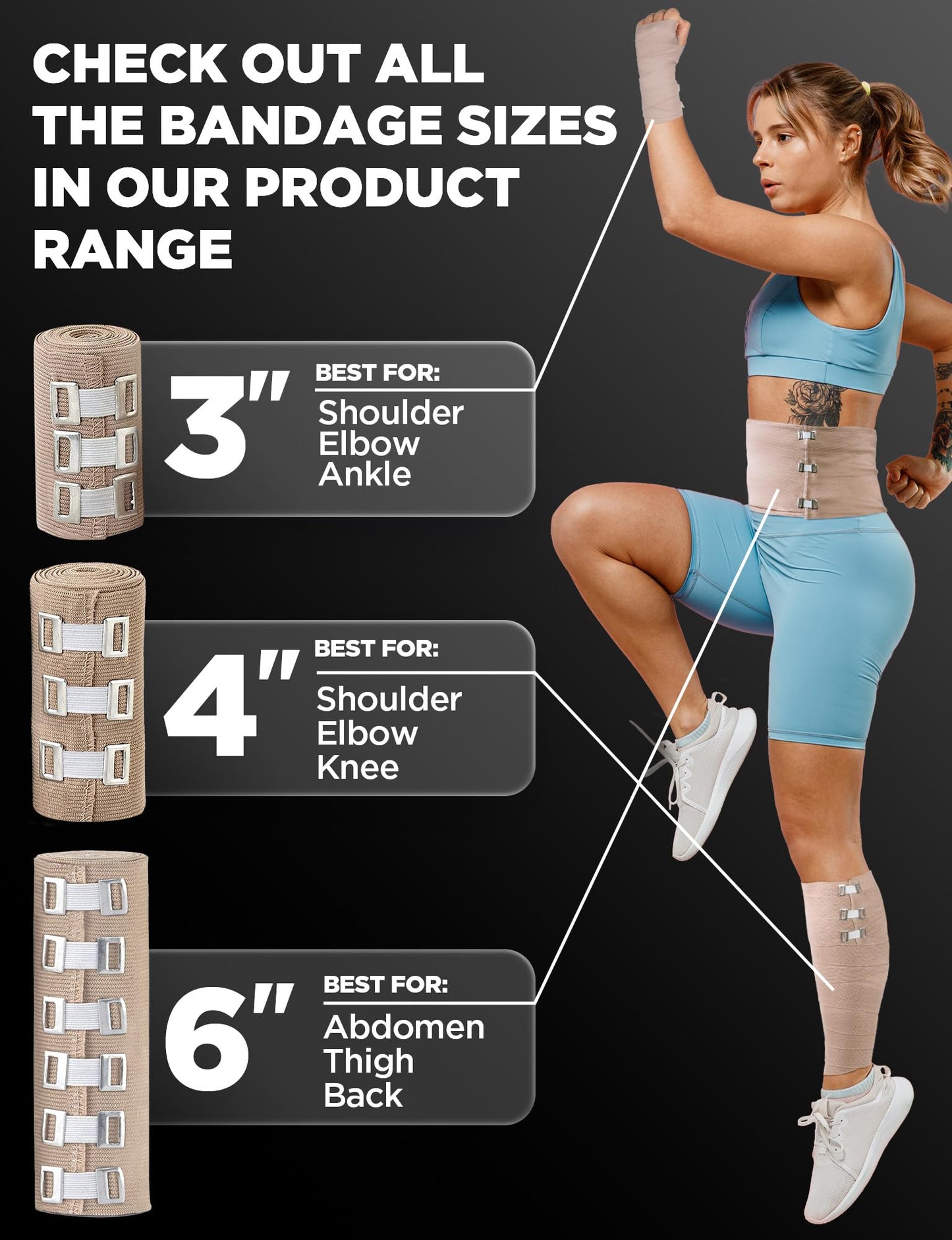 Premium Elastic Bandage Wrap - 4pk (2x3in, 2x4in) + 12 Extra Clips - Strong Compression Bandage Wrap for Leg, Arm, Wrists, Elbow, Ankles, Feet and Knees - for First Aid Kit and After Surgery Recovery