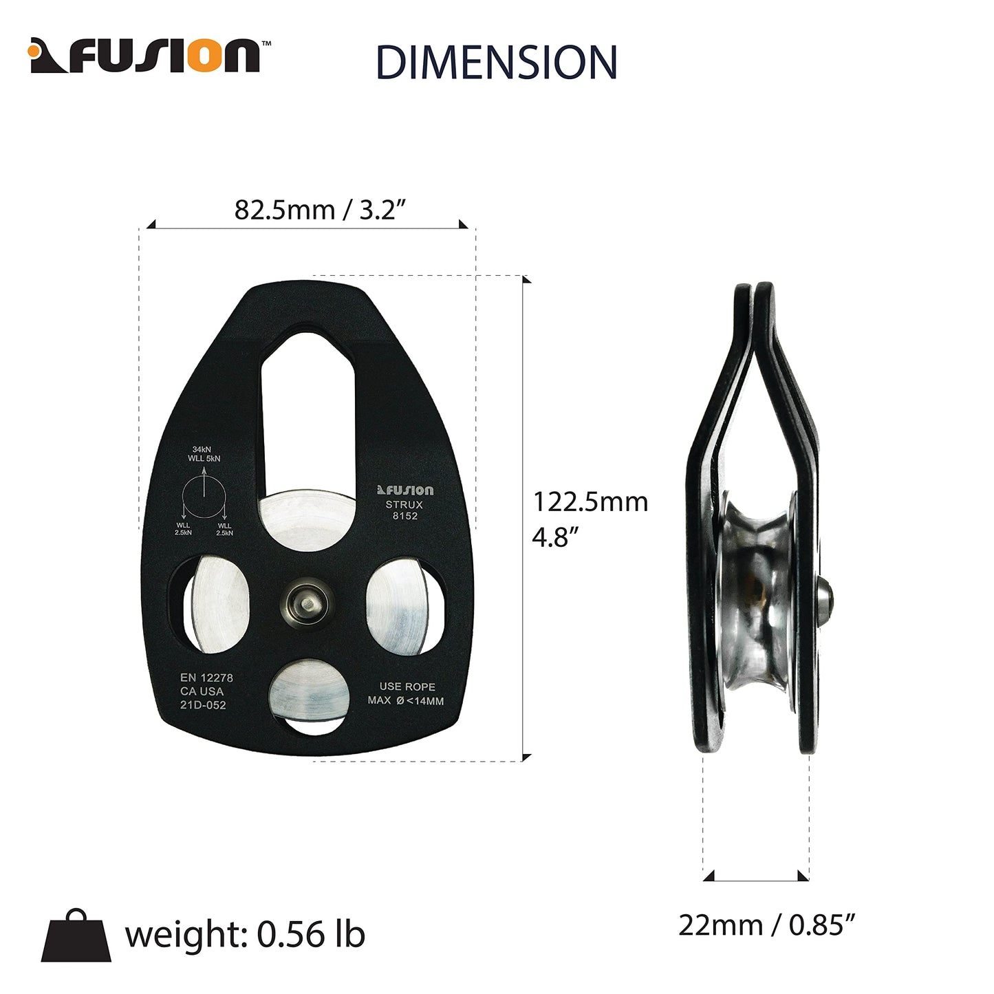 Fusion Climb Strux Pulley High Strength Aero Space Aluminum Alloy, Side Swing, Single Pulley, Smooth Rotation, Ideal for Multiple Anchors - 34kN MBS, TAA Approved